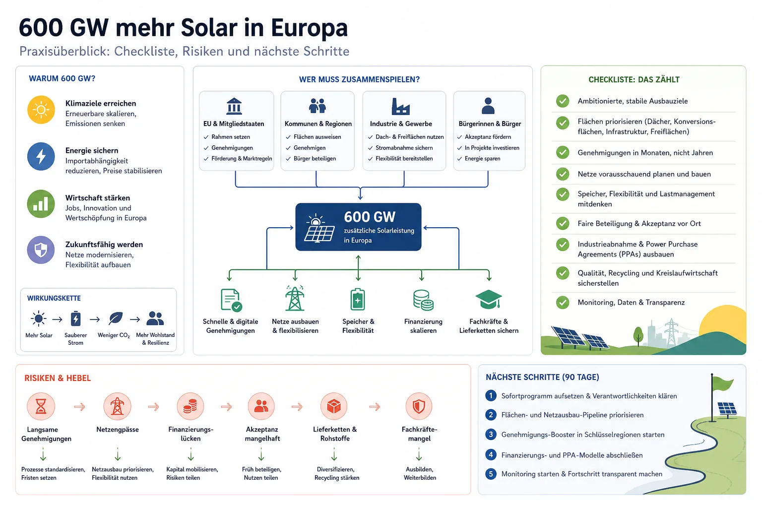 600 GW mehr Solar in Europa: Praxis-Checkliste mit Risiken und nächsten Schritten.