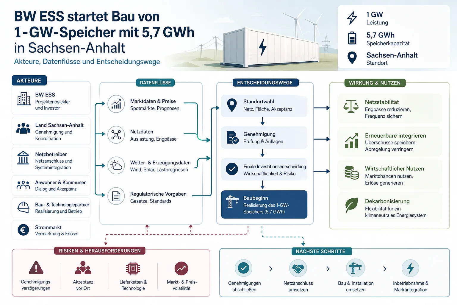 BW ESS startet Bau von 1-GW-Speicher mit 5,7 GWh in Sachsen-Anhalt: Überblick über Akteure und Zusammenhänge.