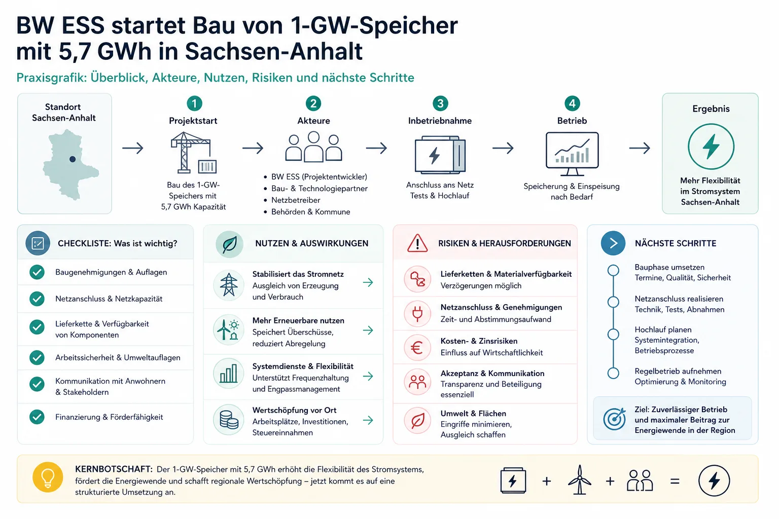 BW ESS startet Bau von 1-GW-Speicher mit 5,7 GWh in Sachsen-Anhalt: Praxis-Checkliste mit Risiken und nächsten Schritten.