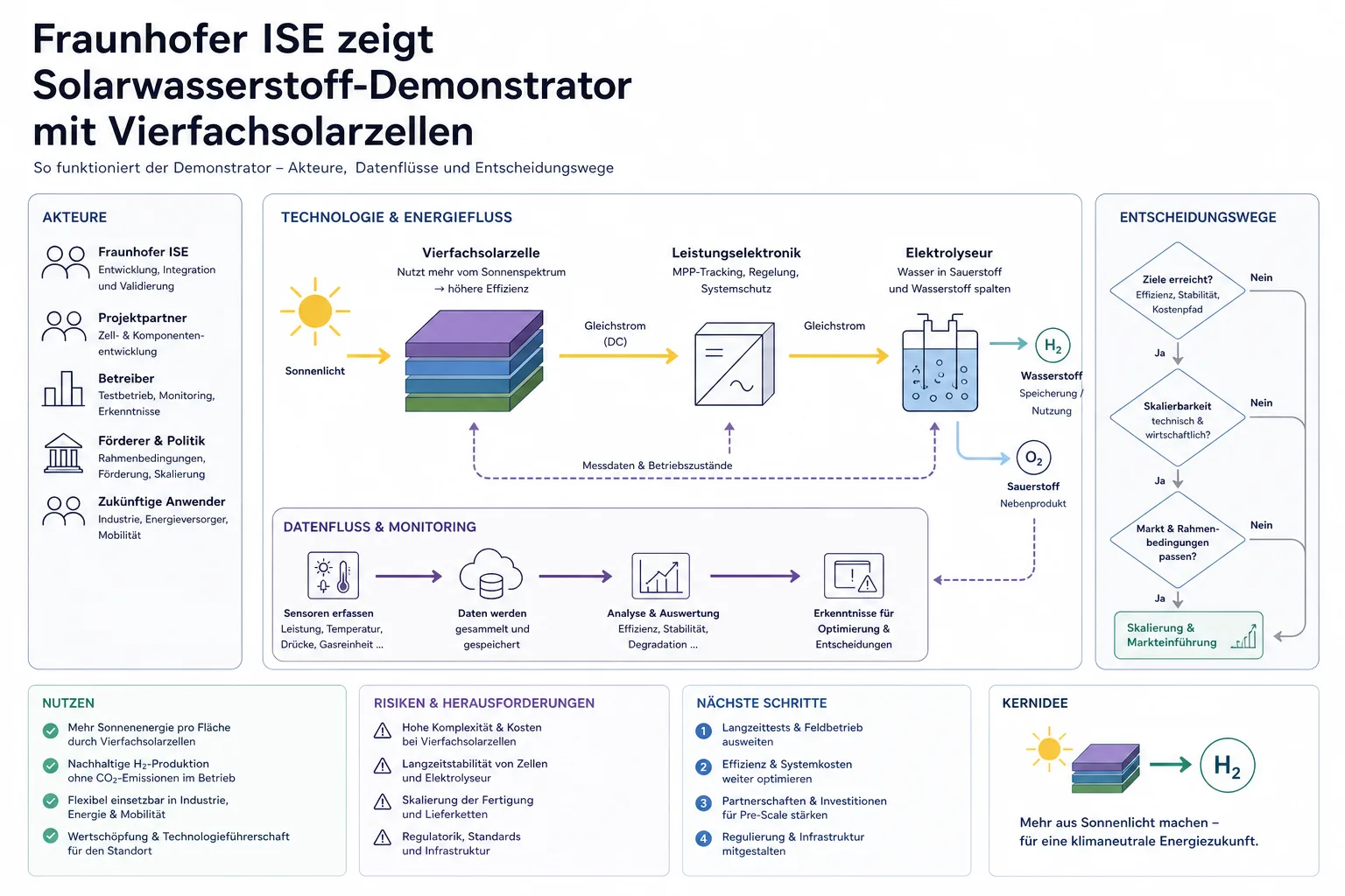 Fraunhofer ISE zeigt Solarwasserstoff-Demonstrator mit Vierfachsolarzellen: Überblick über Akteure und Zusammenhänge.