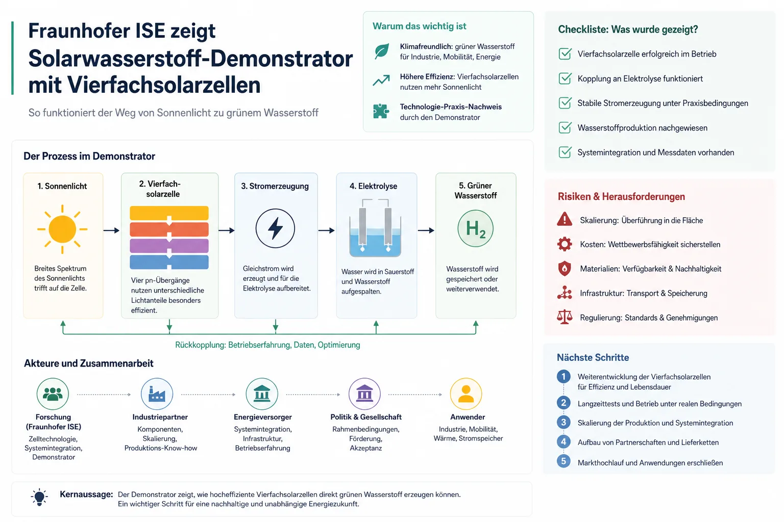 Fraunhofer ISE zeigt Solarwasserstoff-Demonstrator mit Vierfachsolarzellen: Praxis-Checkliste mit Risiken und nächsten Schritten.