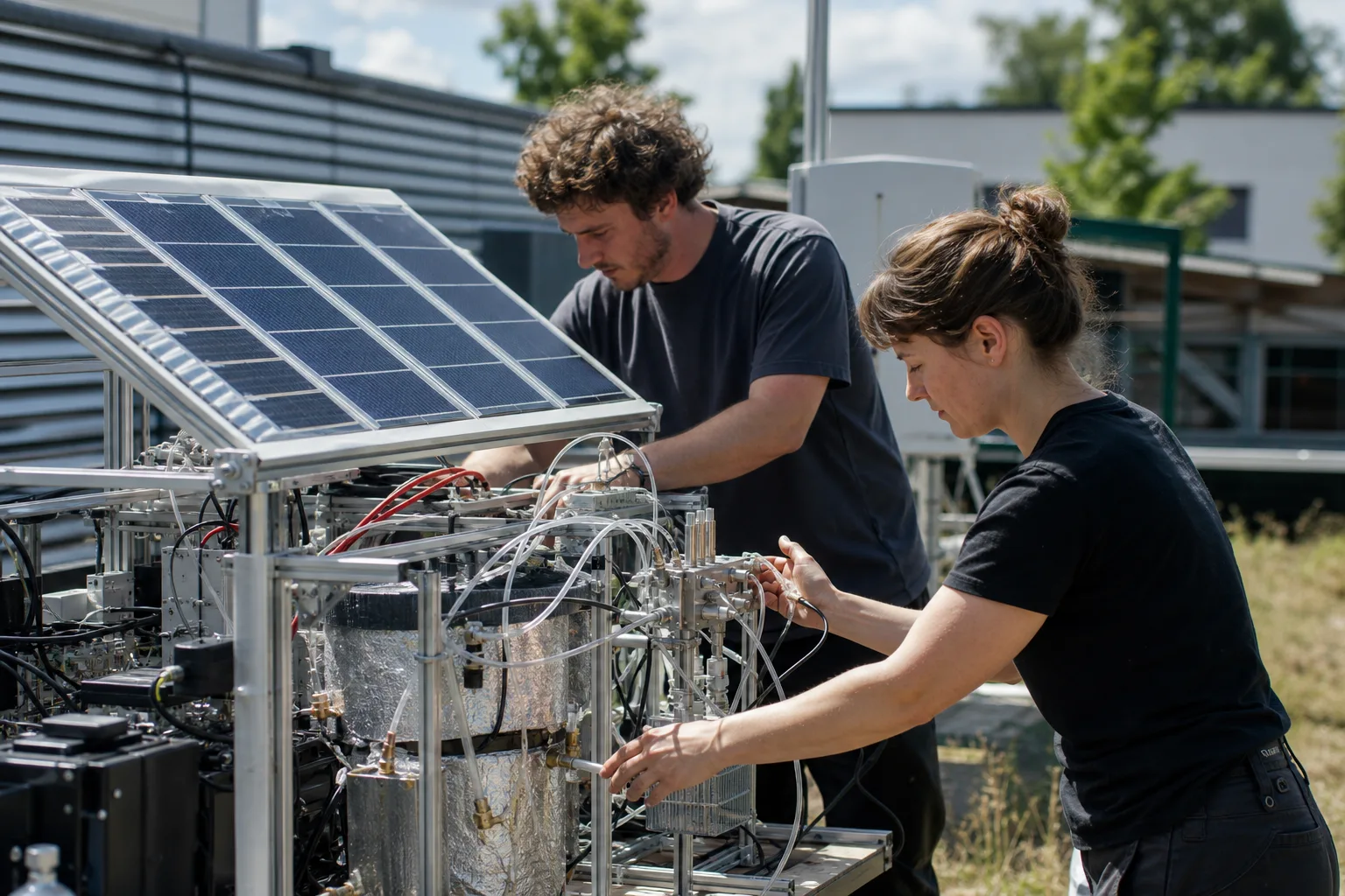 Fraunhofer ISE zeigt Solarwasserstoff-Demonstrator mit Vierfachsolarzellen: redaktionelle Fotoszene zum Artikel mit den wichtigsten Auswirkungen.