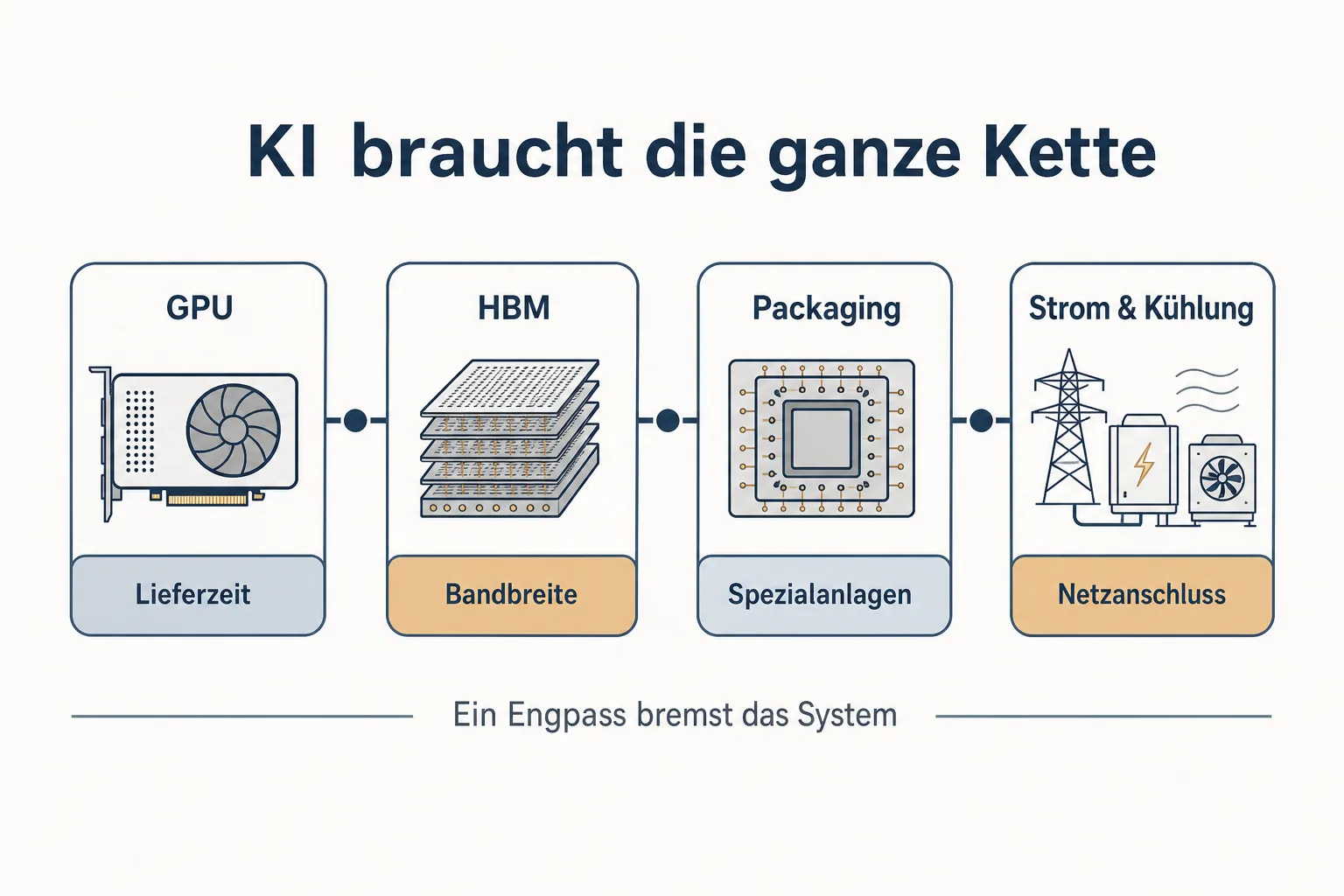 Infografik mit vier Engpässen der KI-Infrastruktur: GPU, HBM, Packaging sowie Strom und Kühlung.