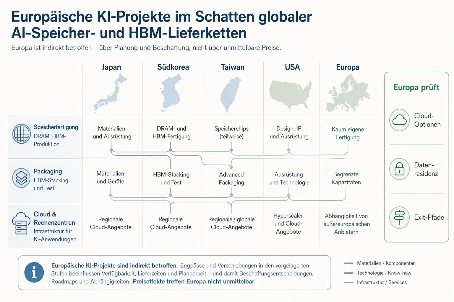 Lieferketten-Matrix zeigt Japan, Südkorea, Taiwan, die USA und Europa über Speicherfertigung, Packaging sowie Cloud und Rechenzentren.