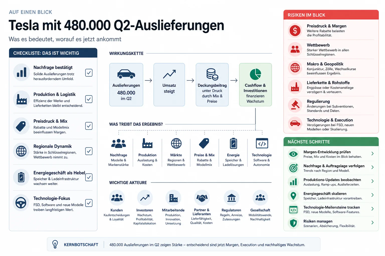 Tesla mit 480.000 Q2-Auslieferungen: Praxis-Checkliste mit Risiken und nächsten Schritten.