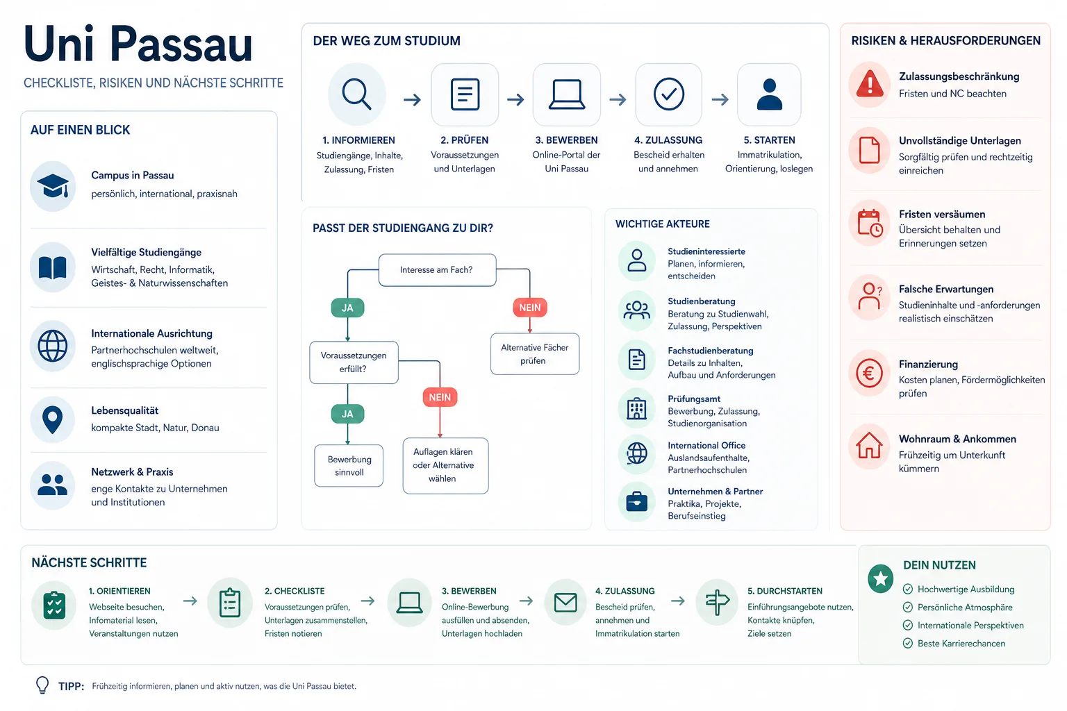 Uni Passau: Praxis-Checkliste mit Risiken und nächsten Schritten.