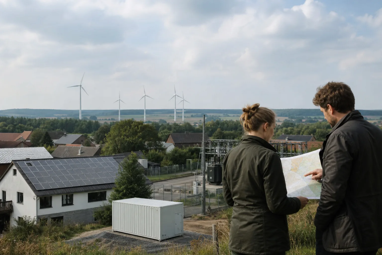 Solarflächen, Windräder und ein Batteriespeicher in einer regionalen Energielandschaft; zwei Fachleute prüfen eine nicht lesbare Übersichtskarte.