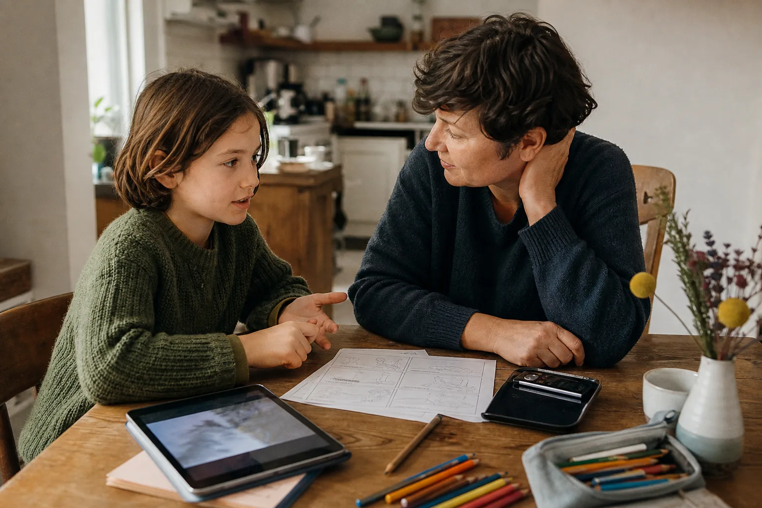 Ein Elternteil und ein Kind planen am Küchentisch mit Tablet, Papier-Storyboard und Stiften eine kleine Mediengeschichte.