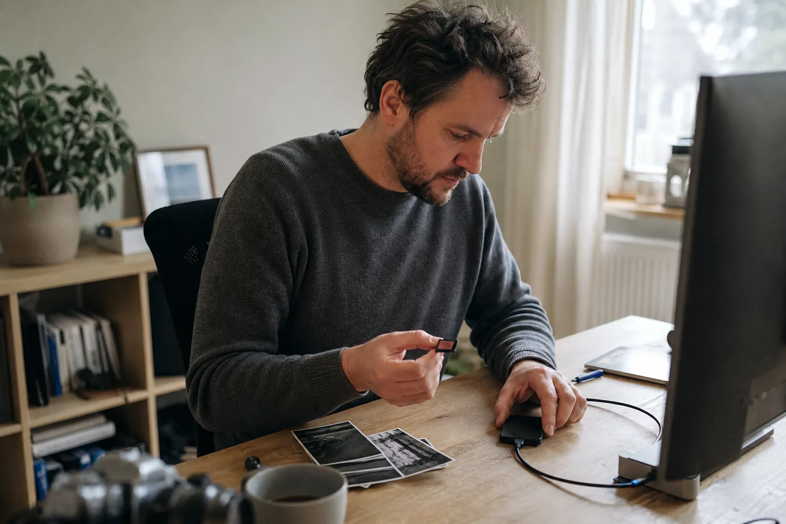 Person prüft an einem unmarkierten Computer lokale Fotoordner neben neutralen Fotoabzügen und einem unmarkierten Speicherkartenleser.