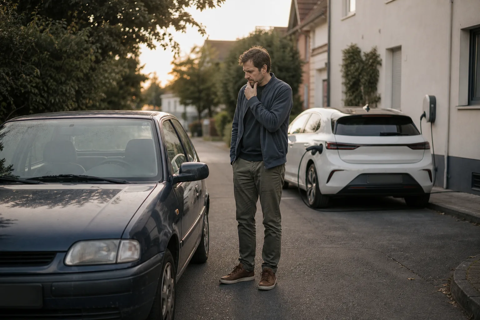 Person steht zwischen einem gebrauchten unmarkierten Verbrenner und einem schlichten Batterieauto in einer europäischen Wohnstraße.