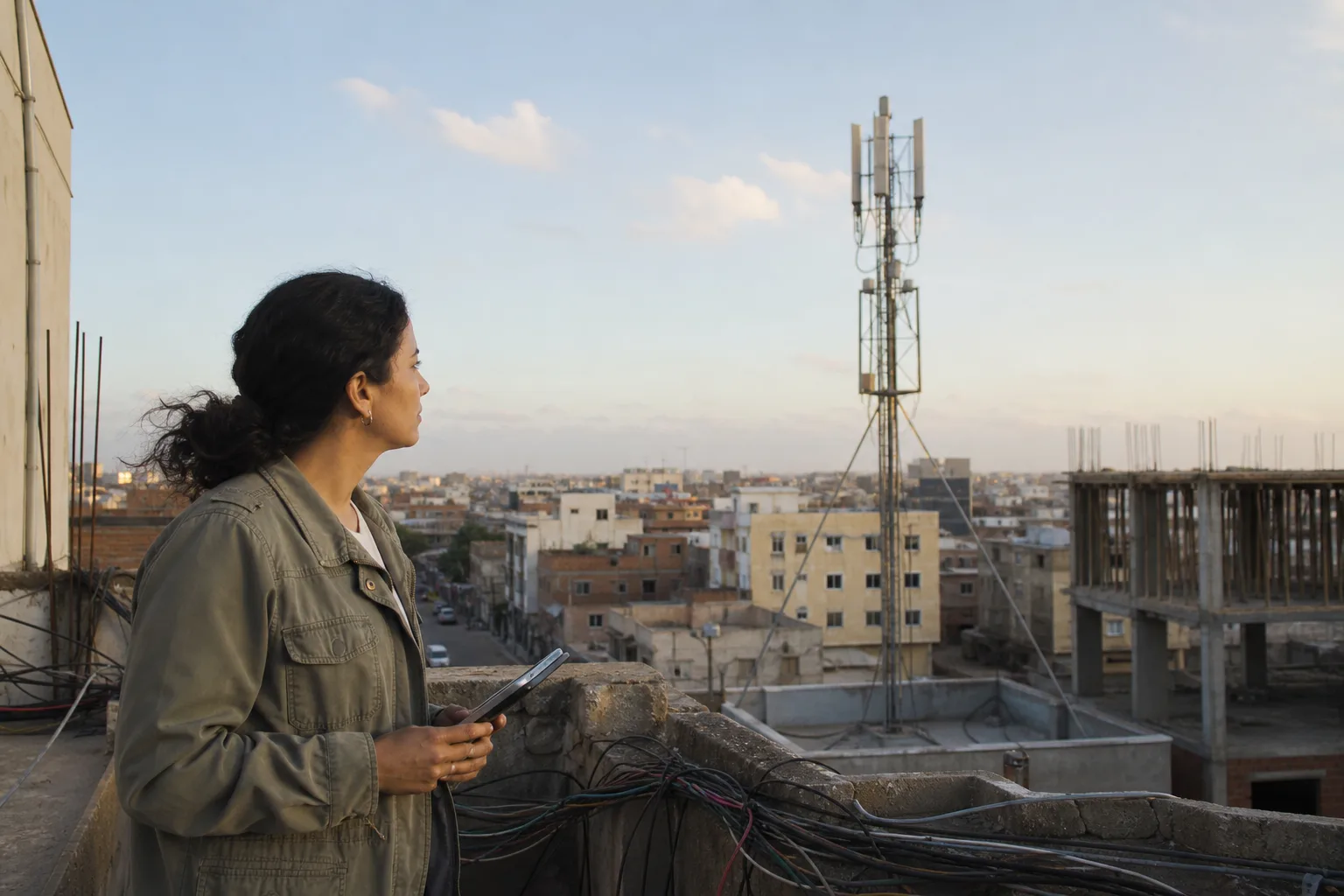 Telekommunikationsingenieurin betrachtet eine neutrale Mobilfunkantenne über einer gemischten nordafrikanischen Stadtlandschaft.