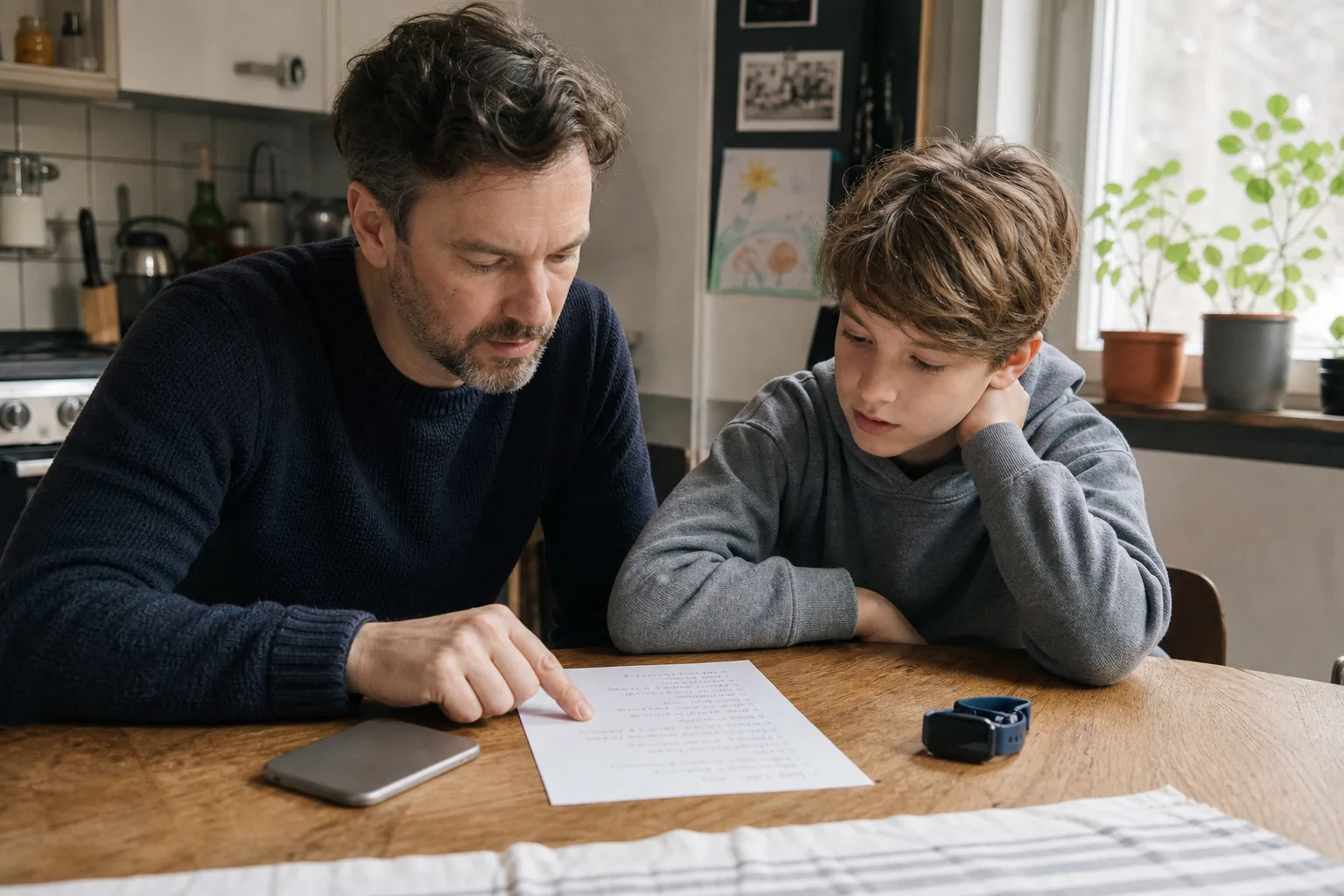 Elternteil und Kind besprechen an einem Küchentisch eine Kinderschutz-App; ein unbeschriftetes Smartphone liegt neben einer schlichten Prüfliste.