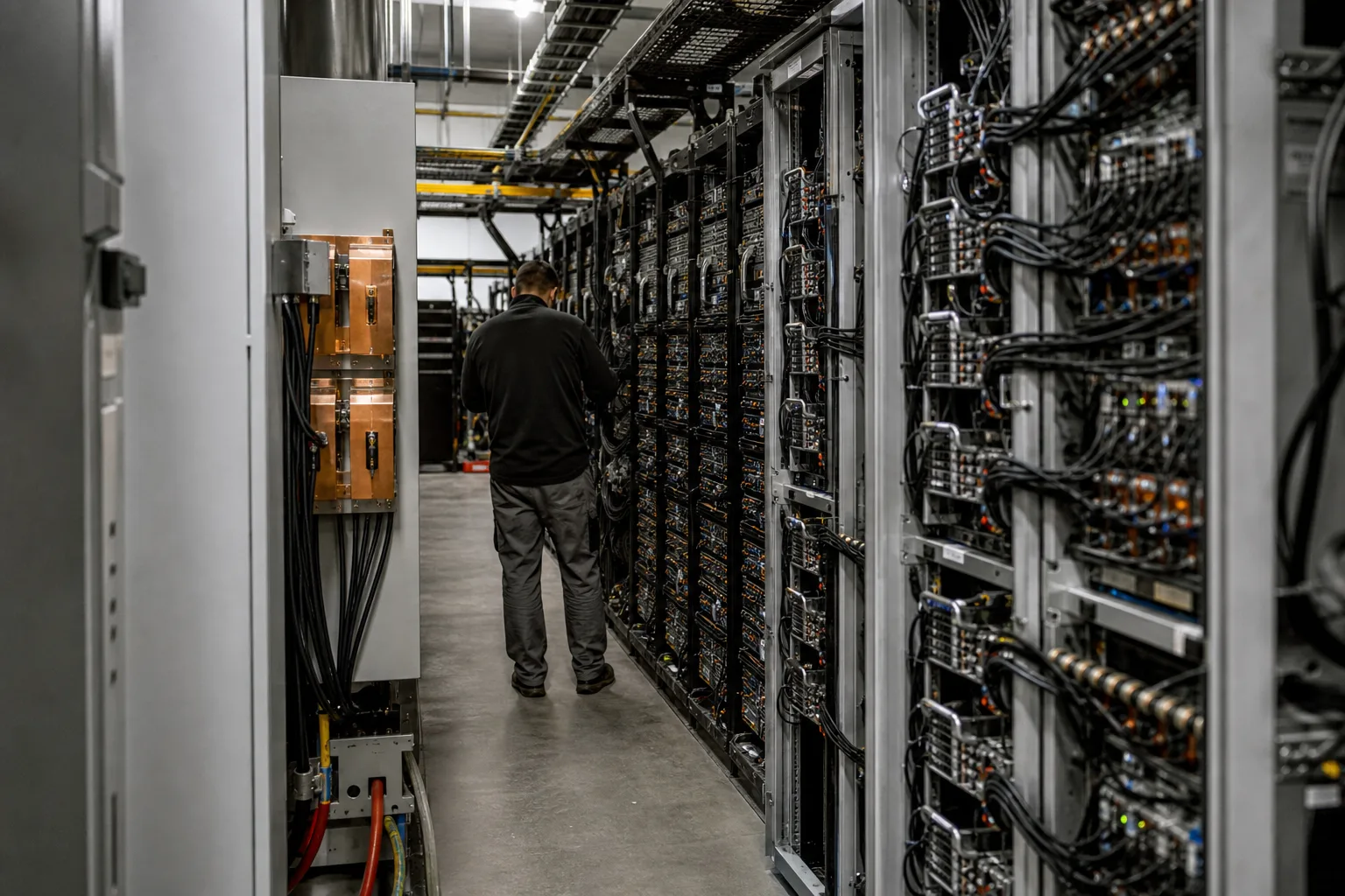 Serverreihen und Kühltechnik in einer repräsentativen KI-Rechenzentrumsumgebung