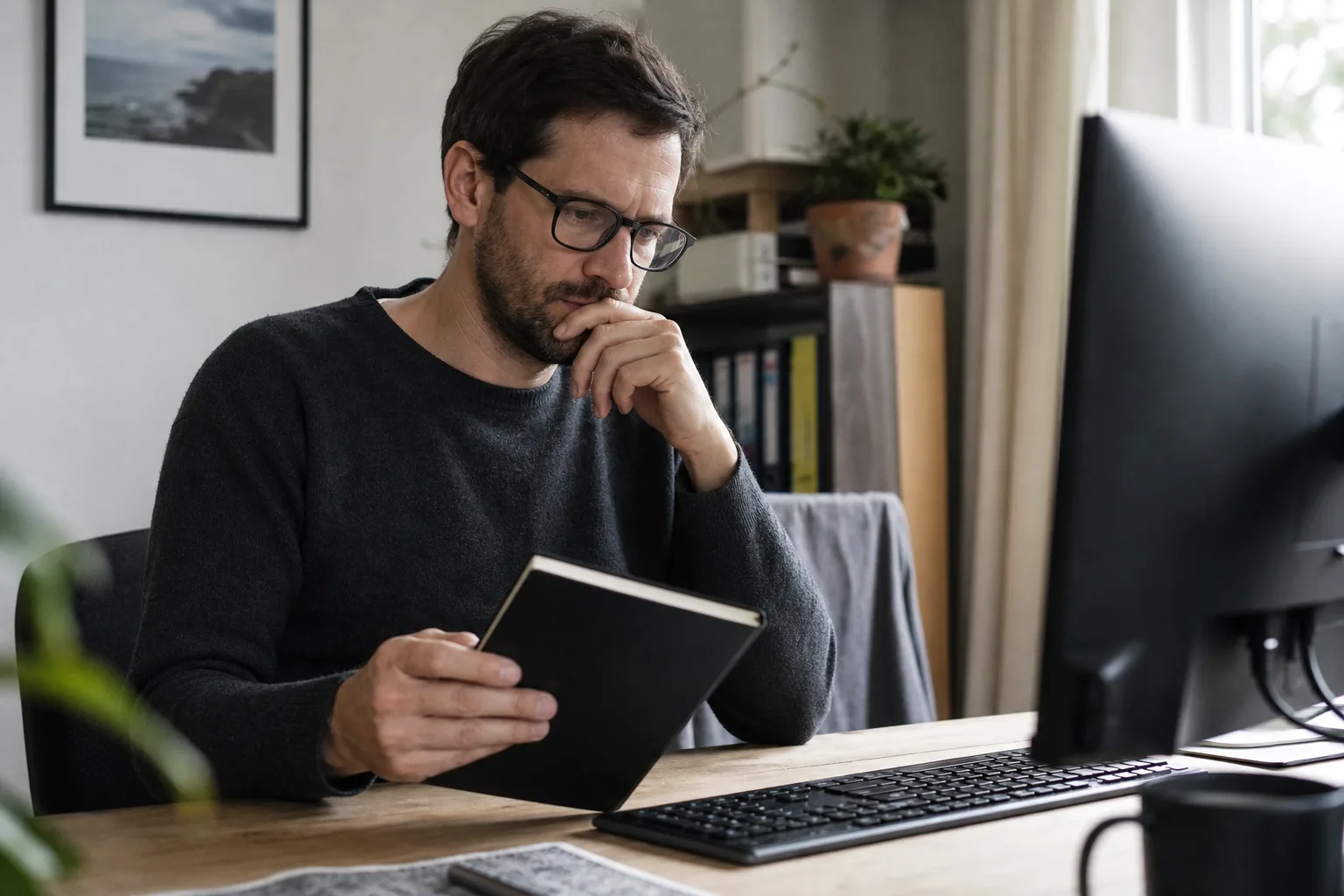 Eine Person prüft in einem häuslichen Arbeitszimmer ruhig den eigenen Windows-Insider-Preview-Stand am Computer.
