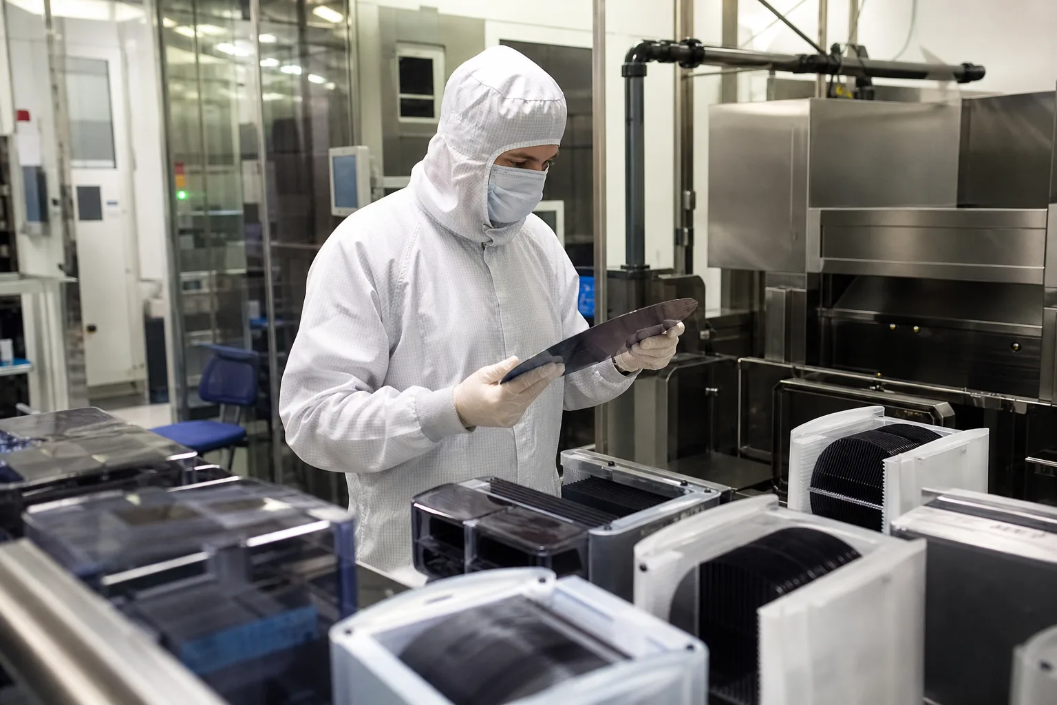 Fachkraft in einem Reinraum mit Wafer-Trägern an einer Halbleiter-Produktionsstation