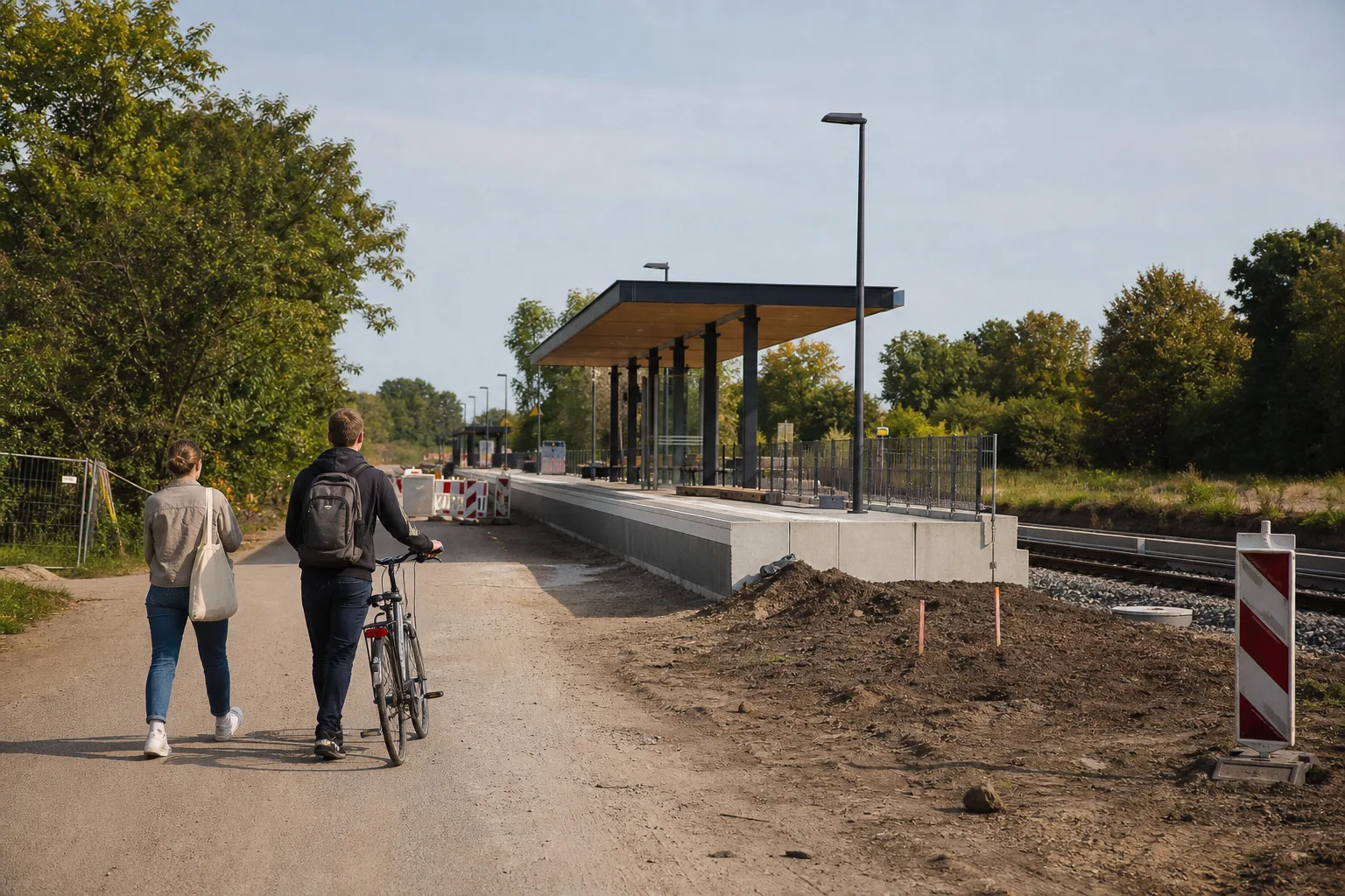 Dokumentarische Bahnhofsszene mit Bahnsteig, provisorischer Zufahrt und zwei Fahrgästen mit Fahrrad.