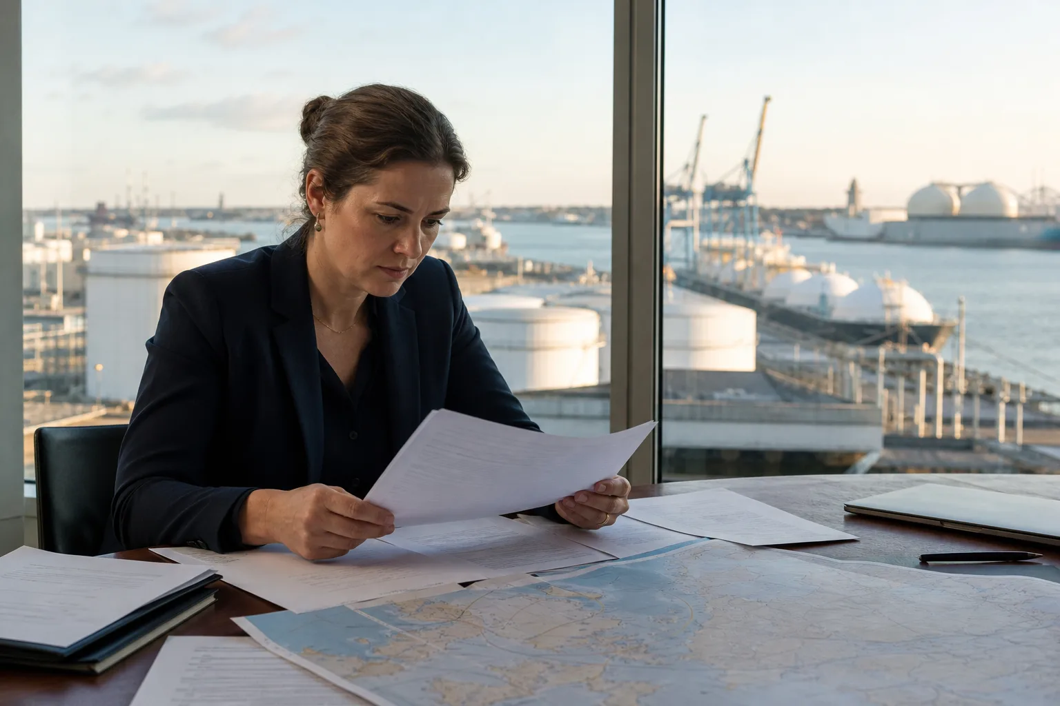Energiehandelsverantwortliche prüft neutrale Unterlagen zu Gesetzgebungsstand und möglichen Lieferkettenfragen mit Blick auf einen Energiehafen.