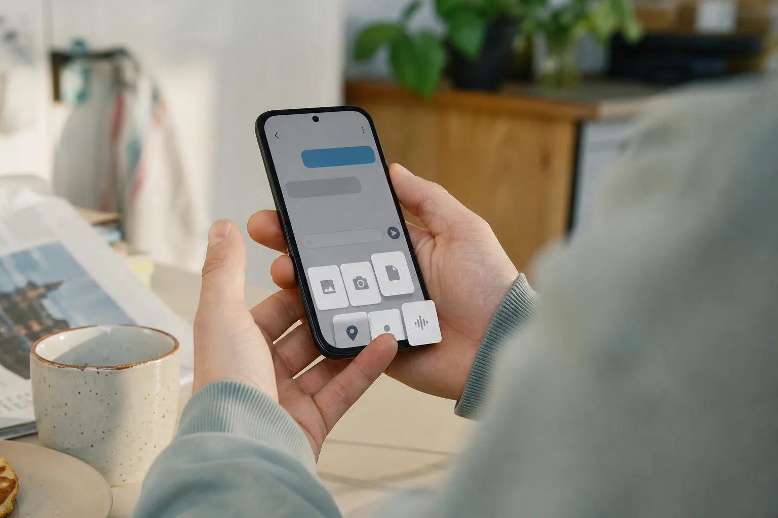 Person wählt an einem Smartphone zwischen Foto, Kamera und Datei in einem Messenger-Chat