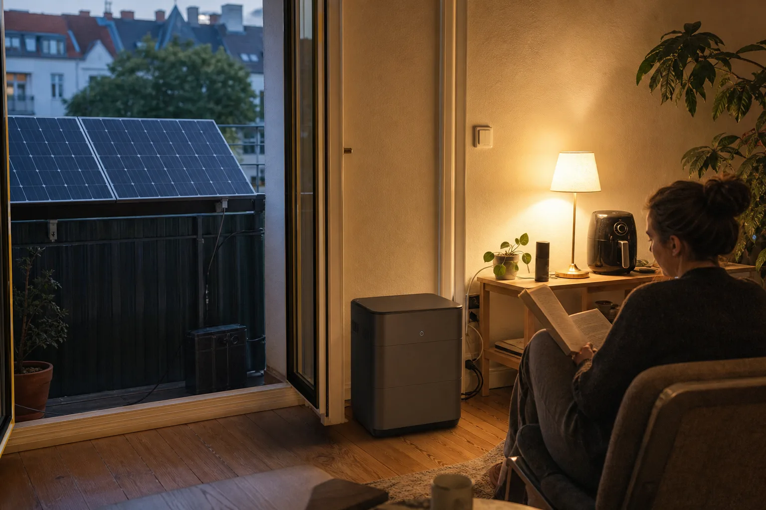 Wohnzimmer einer Stadtwohnung mit unmarkiertem Batteriespeicher und Balkon-Solarmodulen im warmen Abendlicht