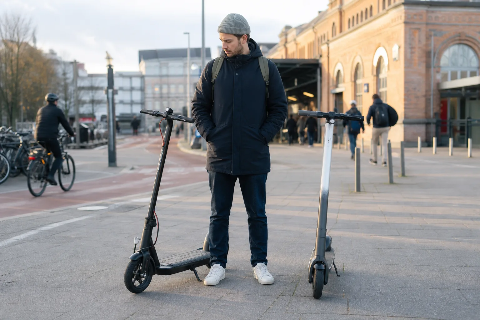 Eine Person vergleicht an einem Bahnhof einen eigenen E-Scooter mit einem neutralen Leih-E-Scooter
