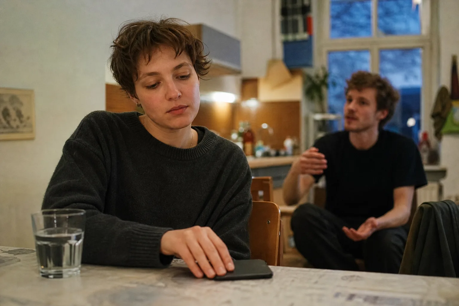 Eine erwachsene Person legt ein unbeschriftetes Smartphone neben einem Glas Wasser auf einen Küchentisch, während im Hintergrund ein Gespräch beginnt.