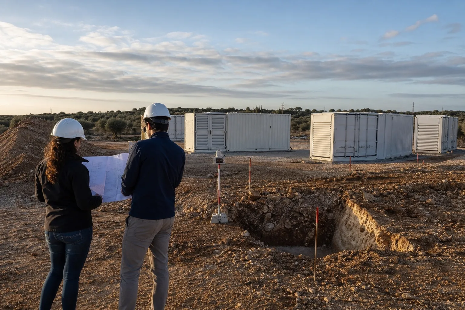 Konzeptionelle Baustellenszene mit unbeschrifteten Batteriecontainern und zwei Personen in einer süditalienischen Landschaft