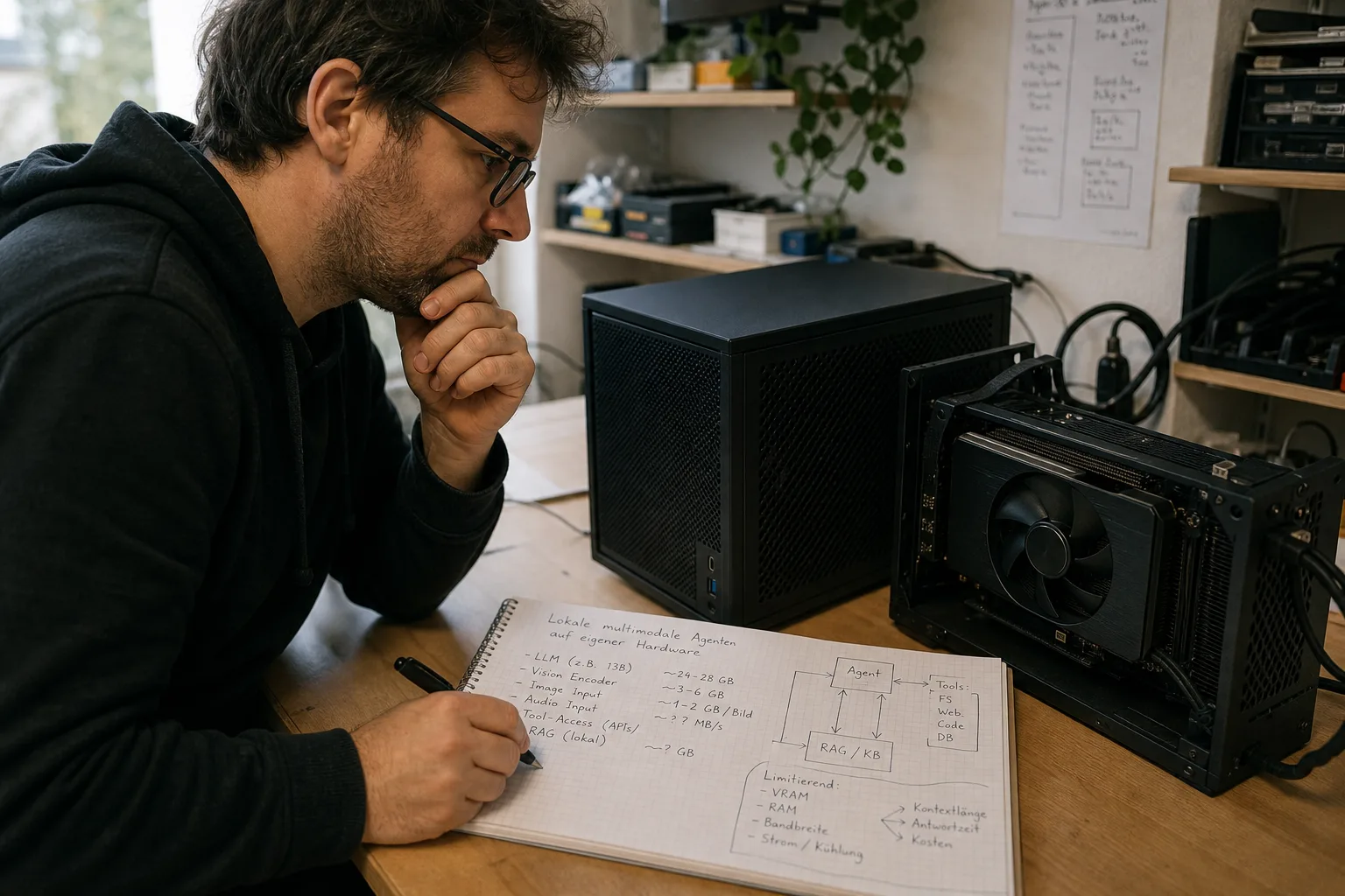 Entwickler prüft einen lokalen KI-Arbeitsplatz mit Grafikkarte und Notizen zur Speicherplanung