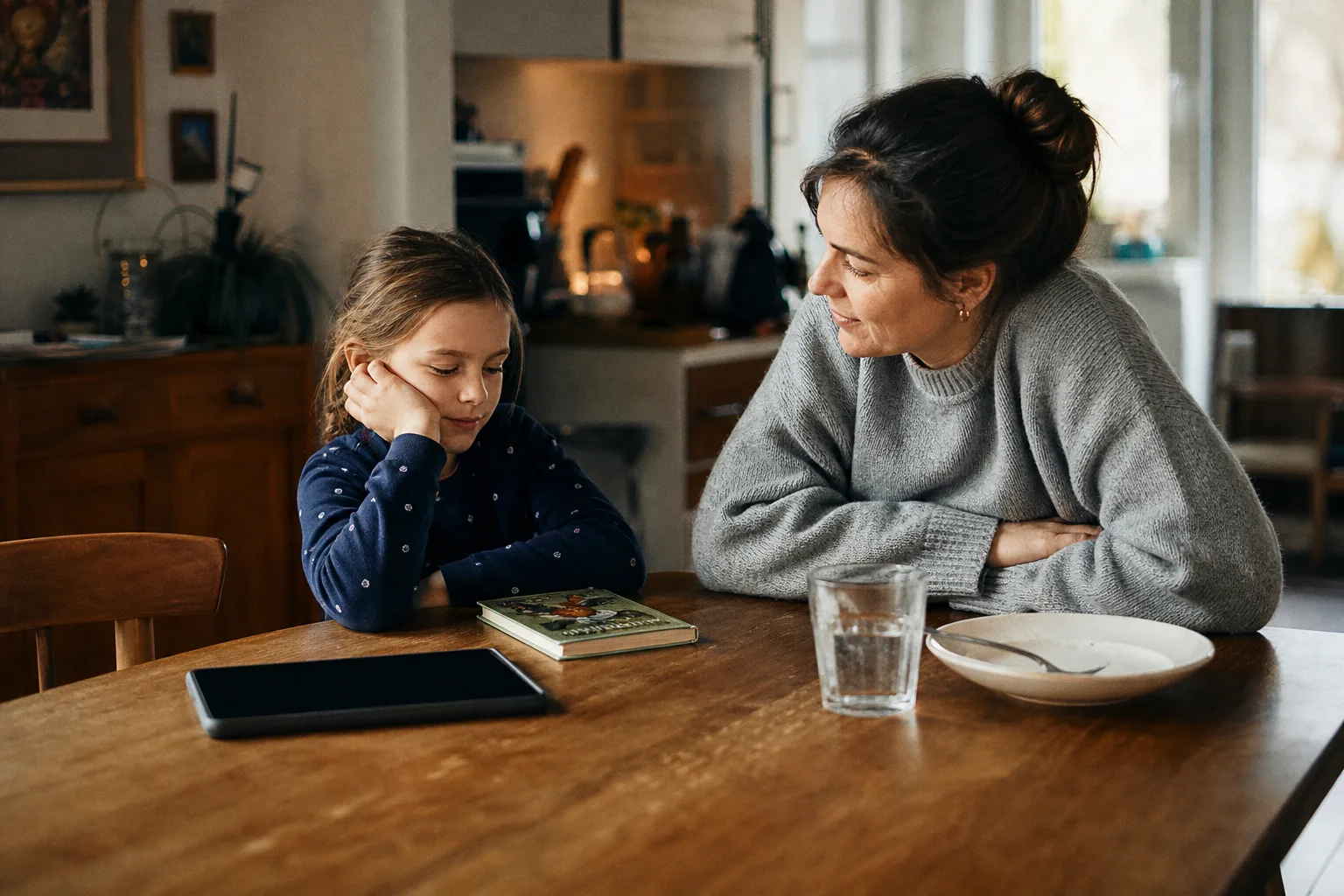 Eine erwachsene Betreuungsperson sitzt abends neben einem Kind am Küchentisch; ein neutrales Tablet liegt neben einem Buch.