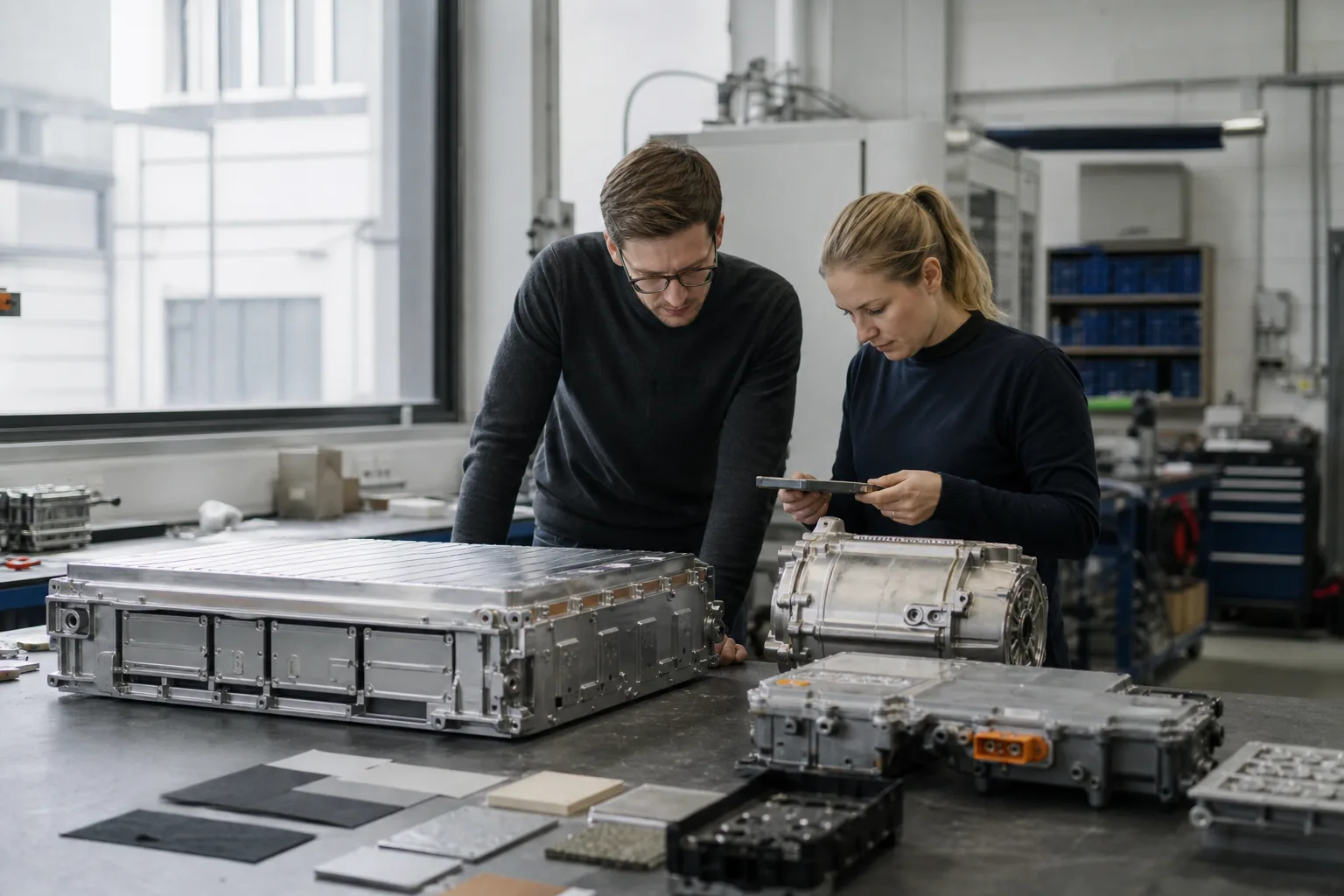 Ingenieurinnen und Ingenieure prüfen unbeschriftete Batterie-, Motor- und Leistungselektronik-Komponenten in einer industriellen Entwicklungsumgebung