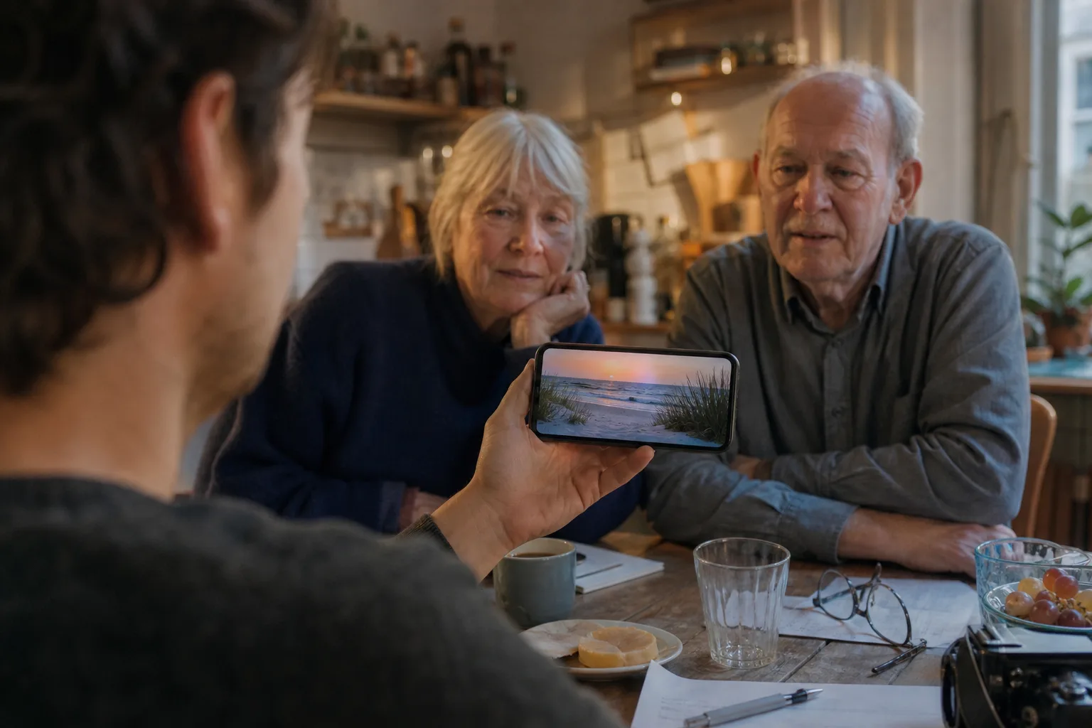 Person zeigt älteren Familienmitgliedern ein künstlich erzeugtes Strandbild auf einem Smartphone