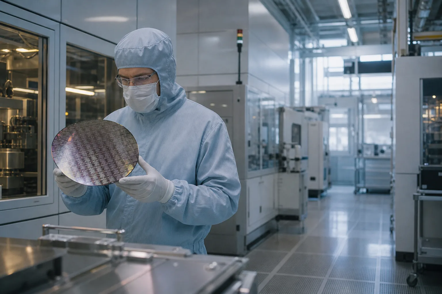 Technikerin betrachtet einen Wafer in einer neutralen Halbleiterfertigung