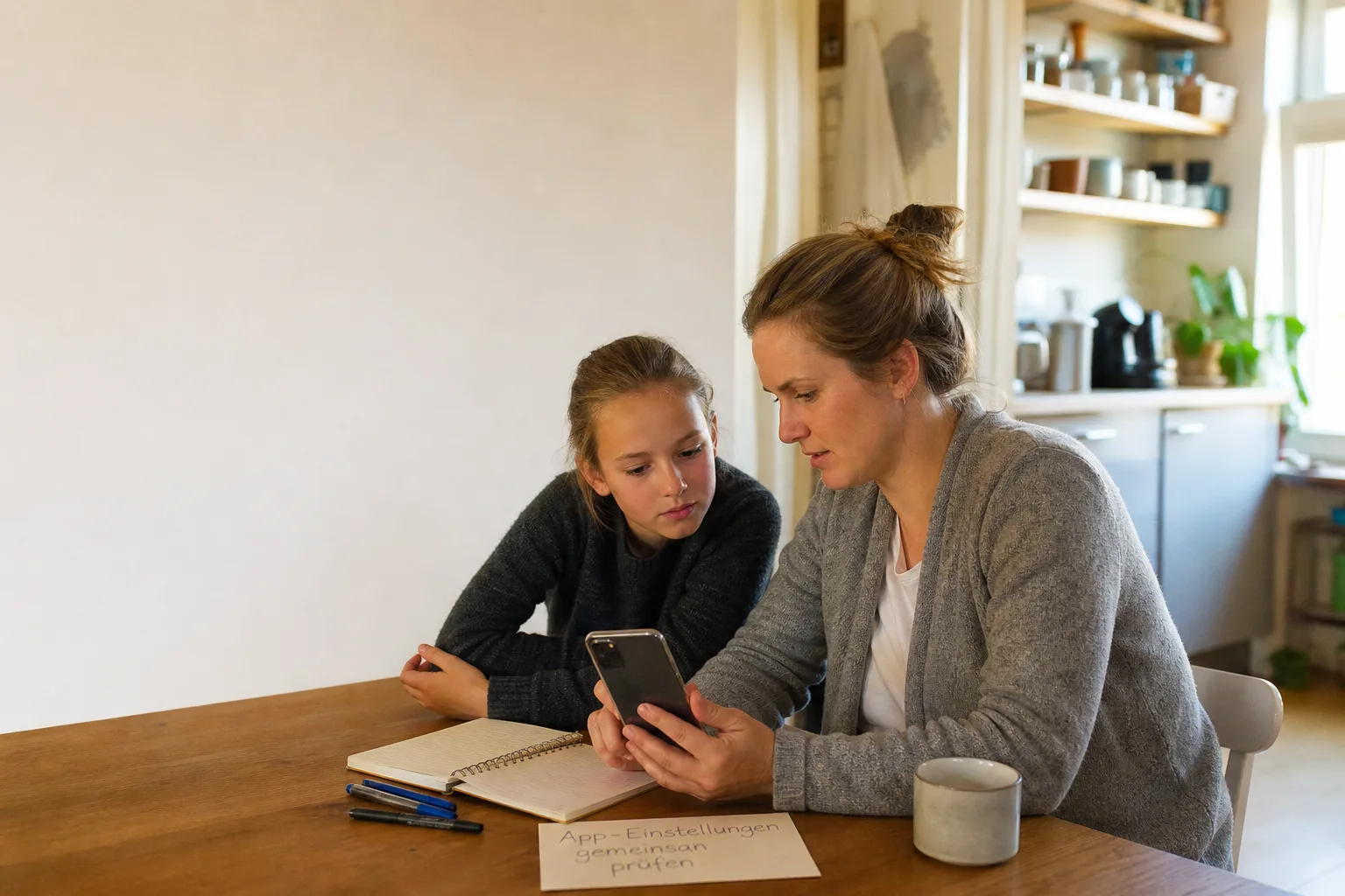 Ein Elternteil und ein Kind besprechen an einem Küchentisch ein neutrales Smartphone und App-Einstellungen.