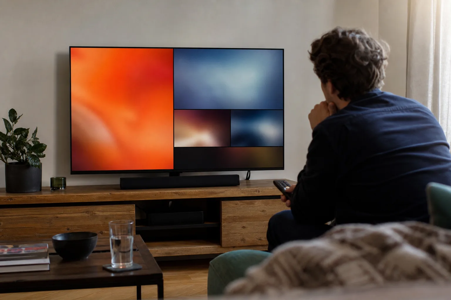 Unbeschrifteter Fernseher und Fernbedienung in einem Wohnzimmer, während eine Person zwischen laufendem Programm und Filmauswahl abwägt