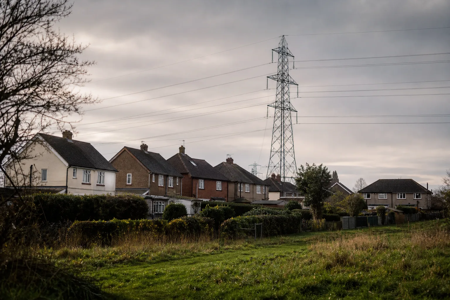 Gewöhnliche britische Wohnhäuser liegen vor einer entfernten Hochspannungsleitung in einer grünen, bewölkten Landschaft.