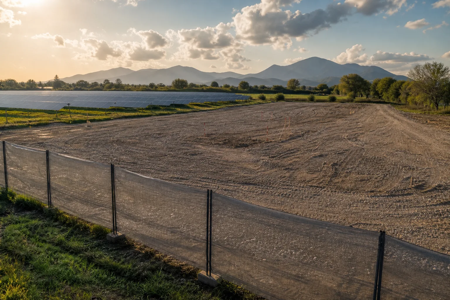 Dokumentarische Ansicht eines geplanten Batteriespeicherstandorts neben einem Solarpark in einer europäischen Landschaft