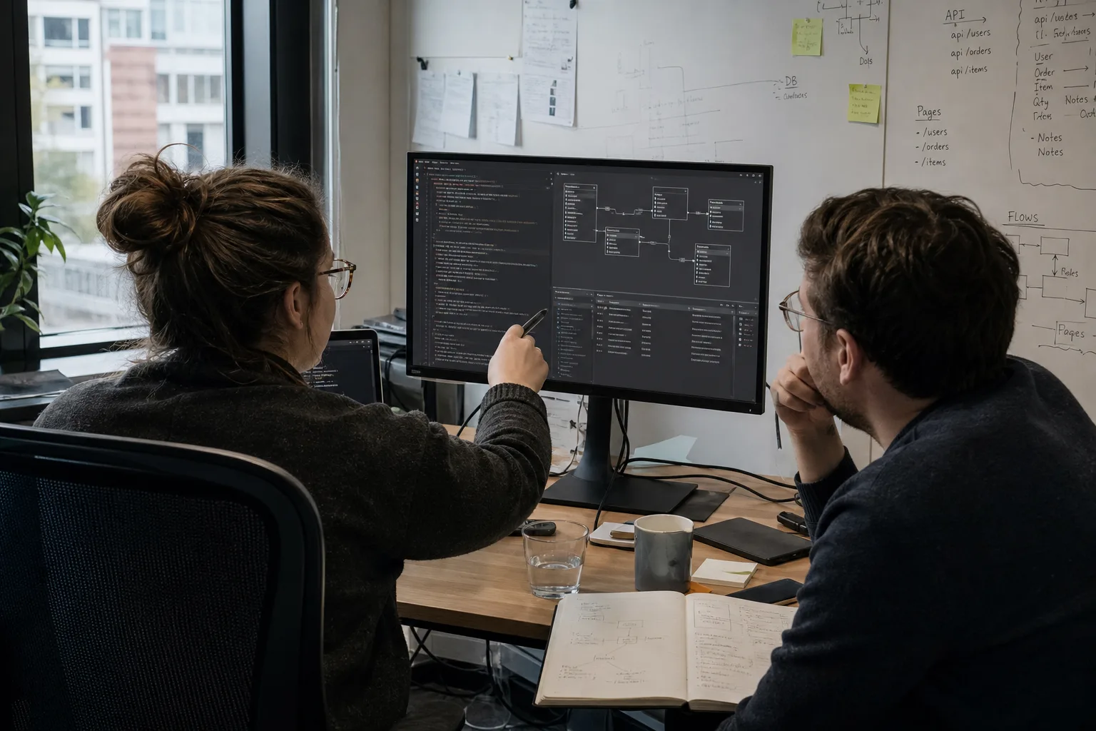 Zwei Kollegen prüfen eine strukturierte Anwendungsdefinition und Datenbankbeziehungen auf einem neutralen Monitor