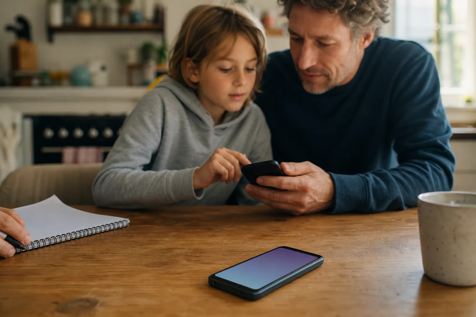 Elternteil und Kind richten ein Smartphone gemeinsam an einem Küchentisch ein