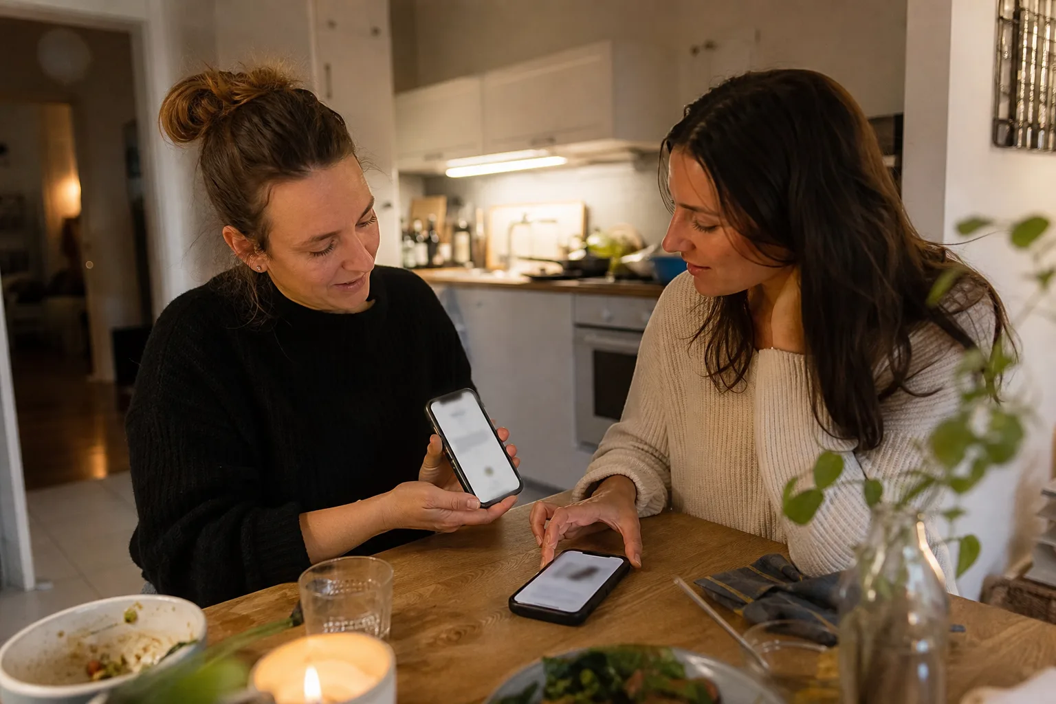 Zwei Freundinnen prüfen nach einem gemeinsamen Essen eine private Geldsendung per Smartphone.