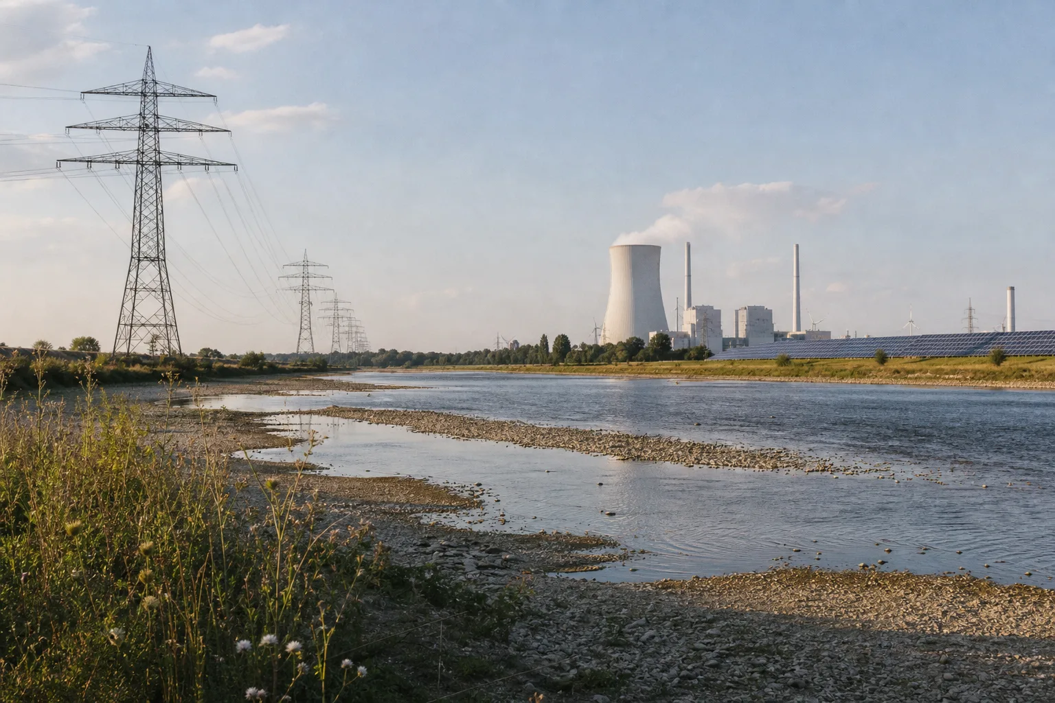 Stromleitungen und Kühlwasser-Infrastruktur an einem trockenen europäischen Flussufer unter flimmernder Sommerhitze