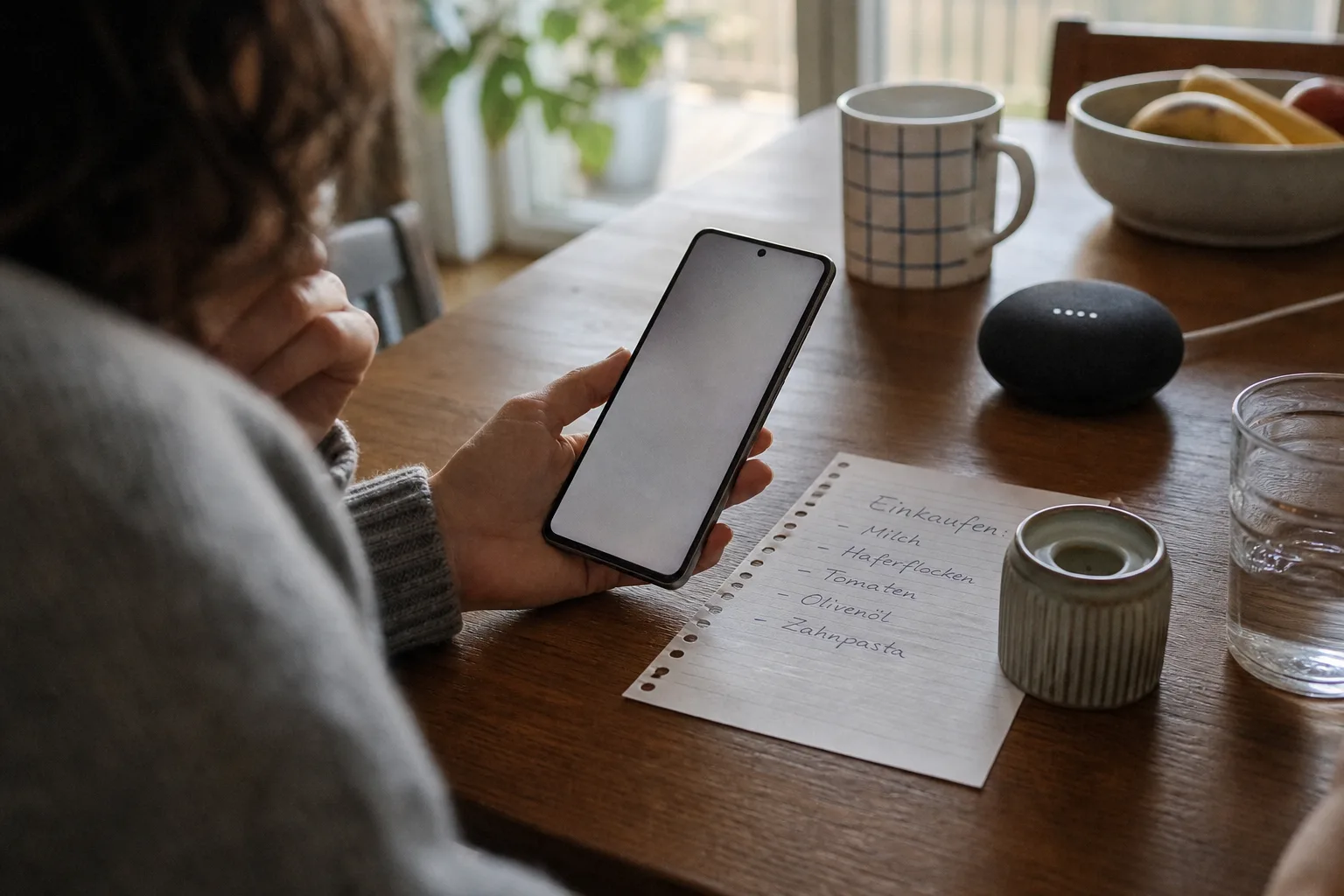 Person hält ein generisches Smartphone über einem Tisch mit Einkaufsnotiz und Haushaltsgegenstand