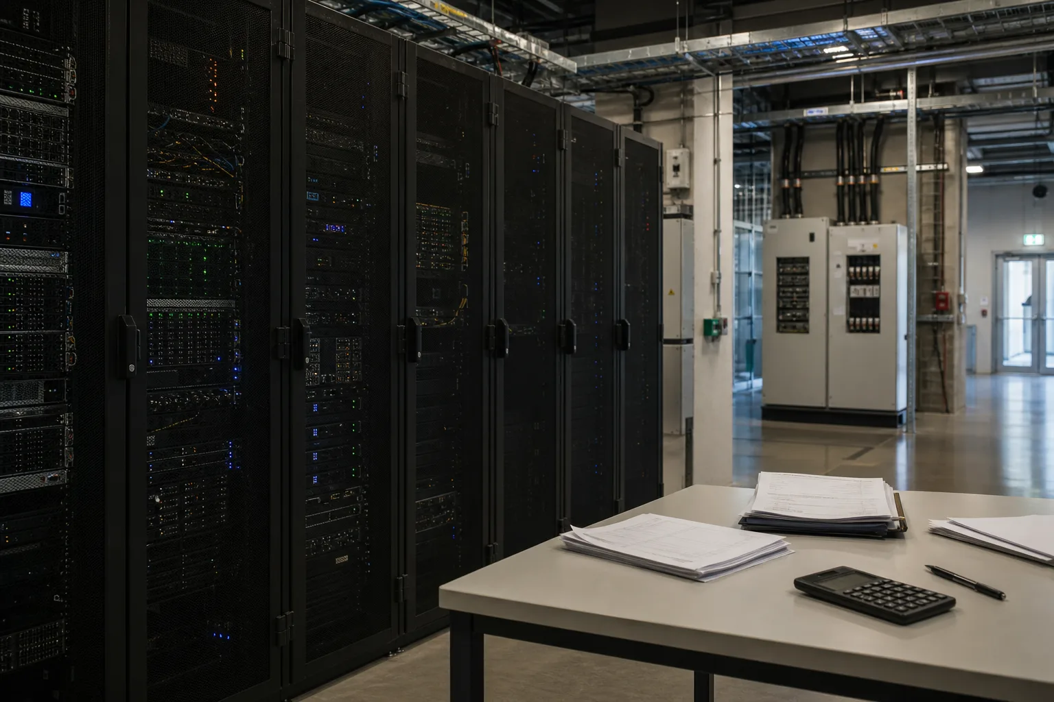 Serverracks und technische Infrastruktur eines KI-Rechenzentrums im Morgenlicht