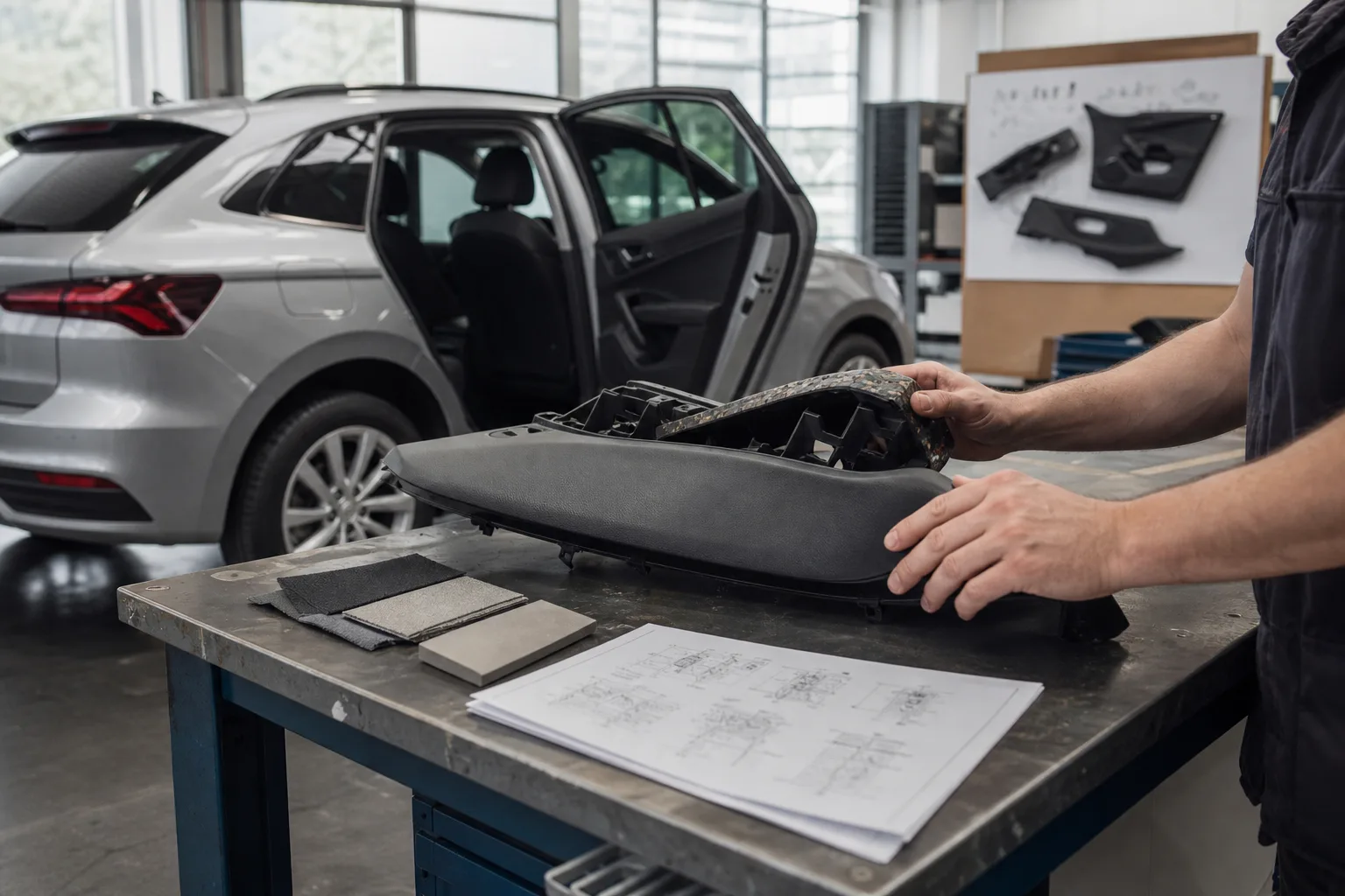 Eine Technikerin untersucht ein demontierbares Kunststoffbauteil neben einem unbeschrifteten Fahrzeug in einer Werkstatt.