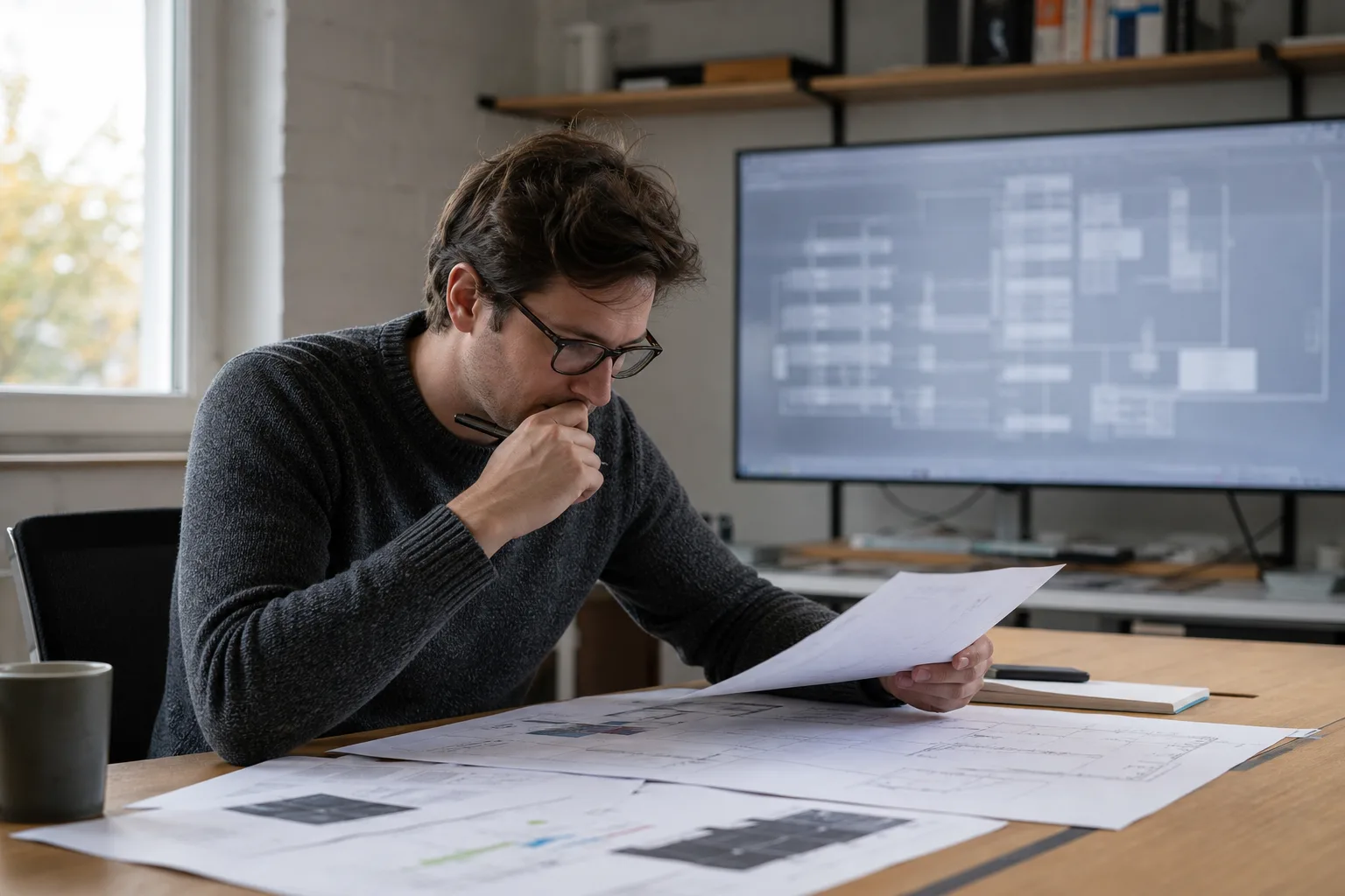 Eine Person vergleicht technische Unterlagen, ein Foto und ein Diagramm als Eingaben für einen beaufsichtigten KI-Arbeitsablauf.