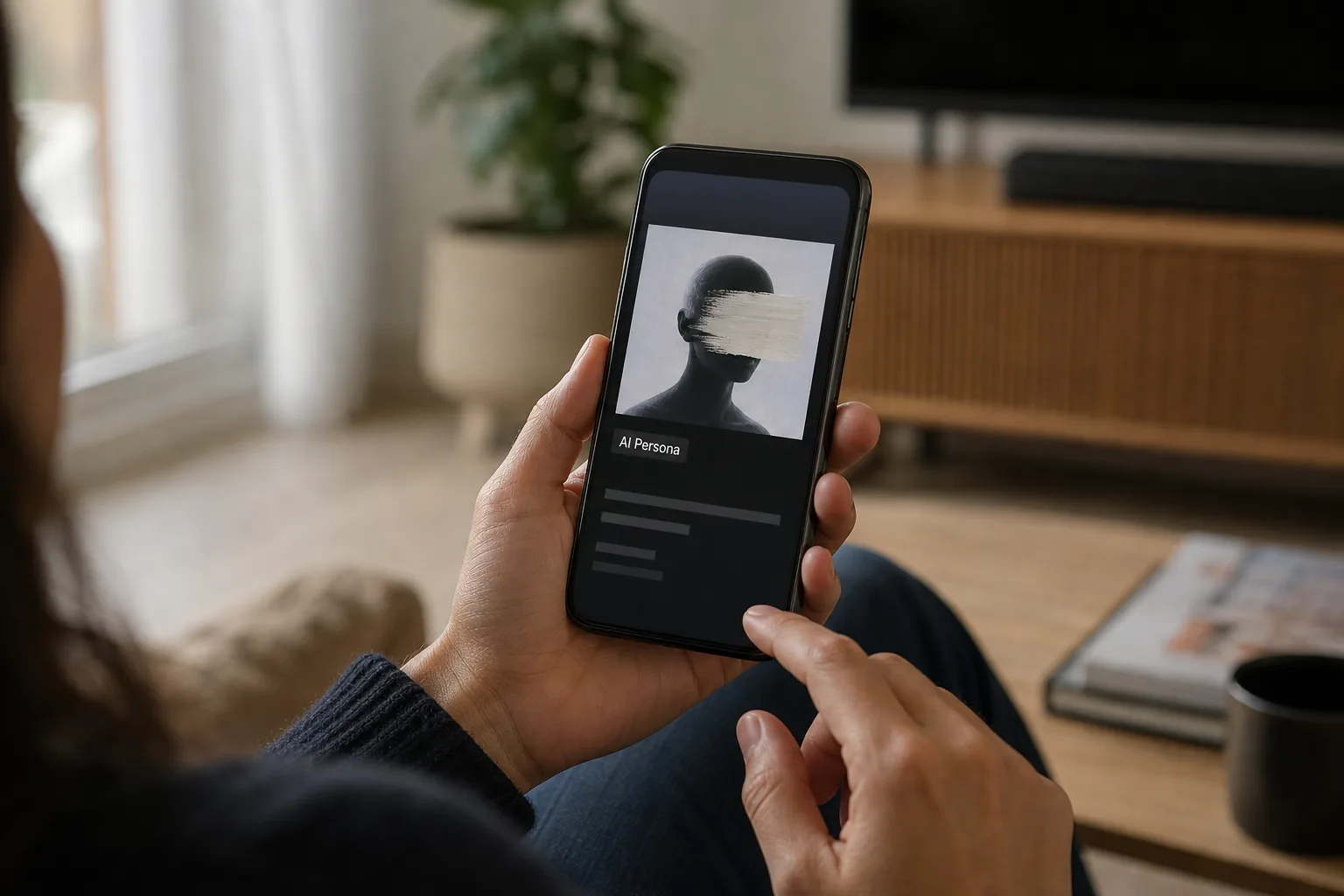 Person betrachtet auf einem Smartphone den Hinweis AI Persona neben einem abstrakten Künstlerprofil