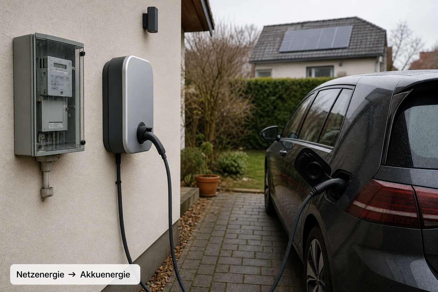 Elektroauto auf einer Einfahrt neben einem Haus mit Wallbox und Stromzähler
