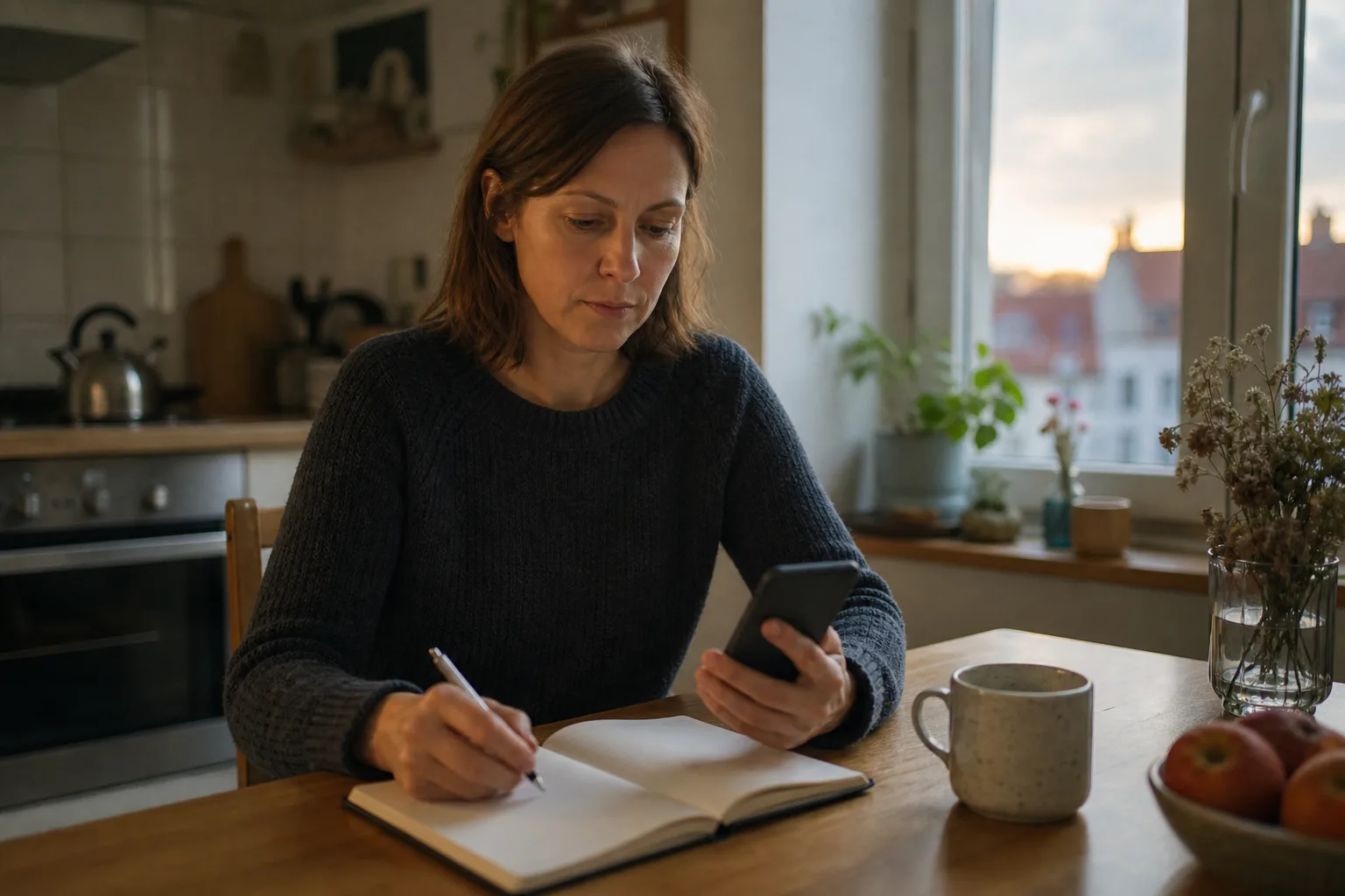 Eine Person vergleicht an einem Küchentisch ein unbeschriftetes Smartphone mit einem Notizbuch und prüft die Kosten eines digitalen Abos.