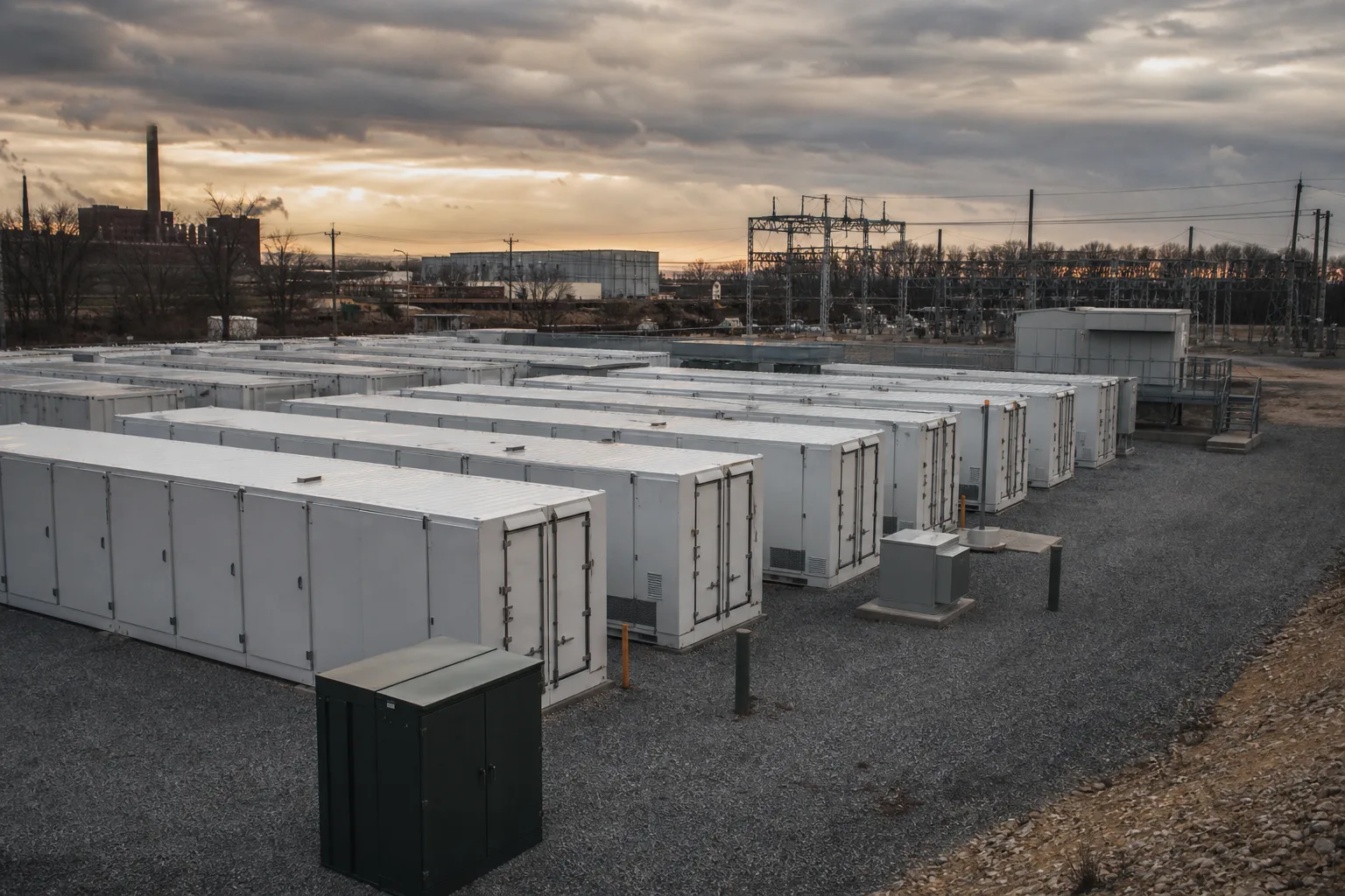 Unbeschriftete Batteriecontainer und Netzinfrastruktur in einer industriellen Landschaft bei bewölktem Abendlicht