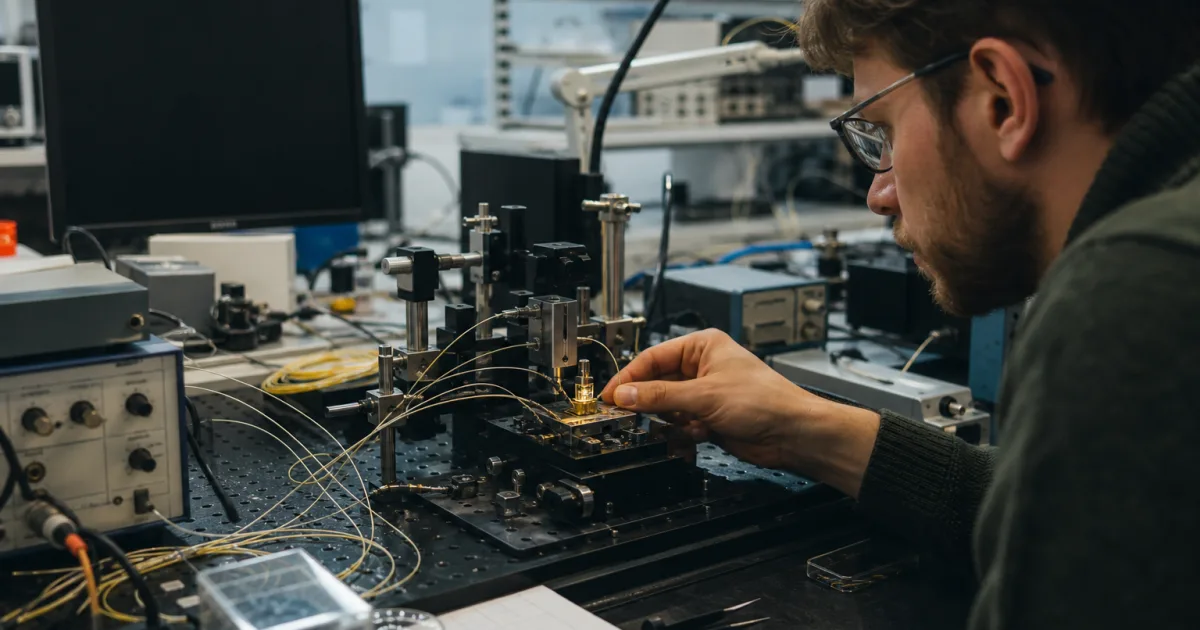 Forschende prüfen eine unmarkierte optische Baugruppe mit feinen Fasern an einem Photonik-Arbeitsplatz