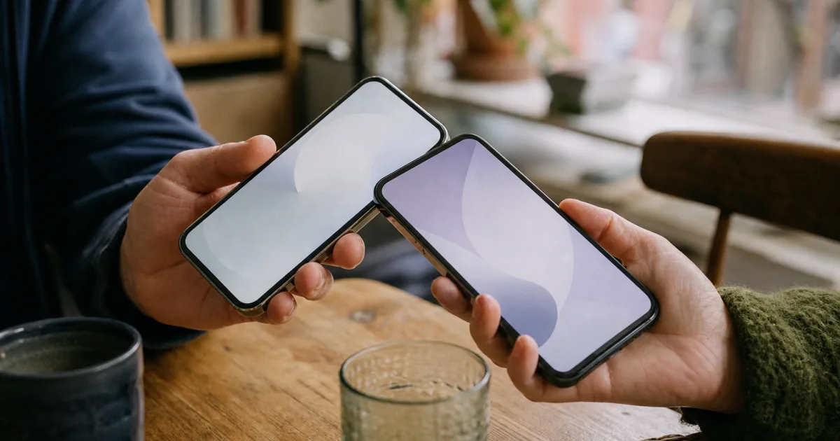 Zwei Personen nähern zwei entsperrte Smartphones mit sichtbaren Displays aneinander an