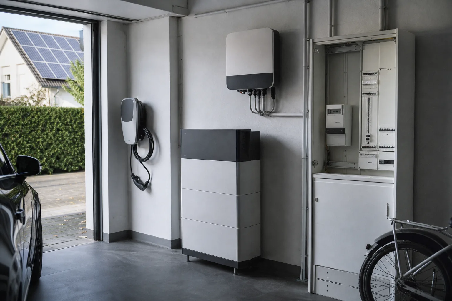 Batteriespeicher, Wallbox, Photovoltaik-Wechselrichter und Netzanschluss stehen getrennt in einem häuslichen Technikraum